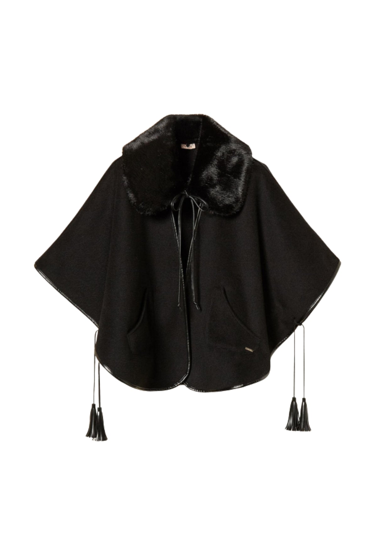 TWINSET - Poncho nero con collo effetto pelliccia