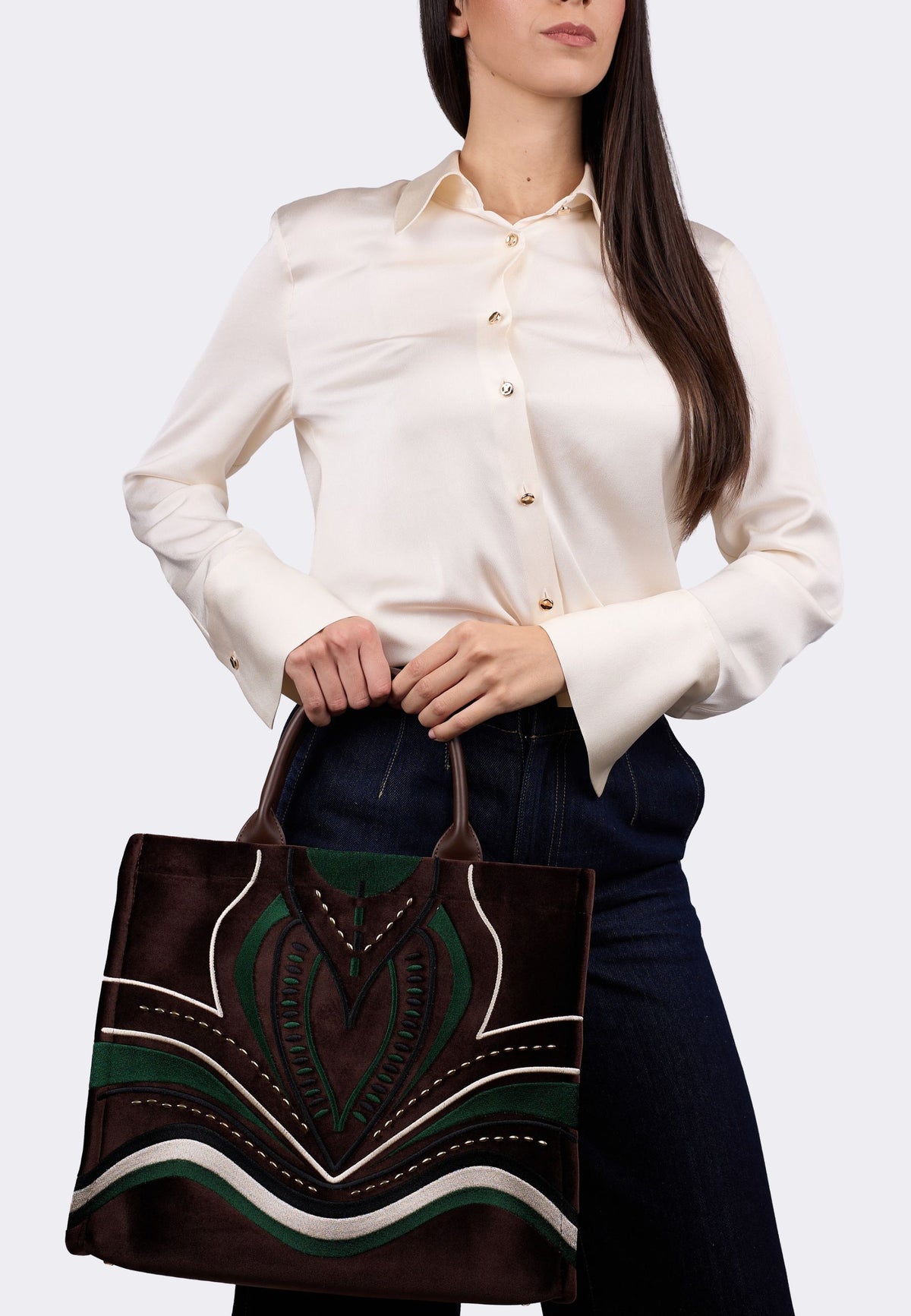 Cromia - Borsa Tote in Pelle con Ricami Multicolor Marrone e Verde