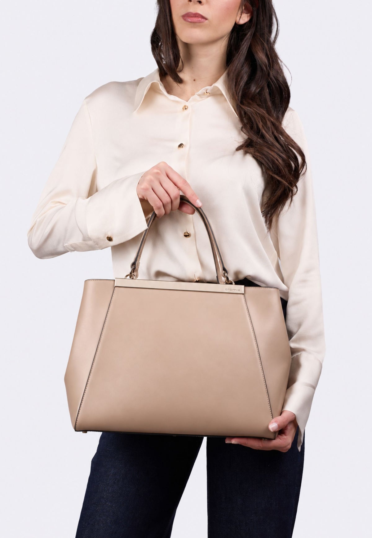 Cromia Nara - Borsa Tote in Pelle di Vitello Liscio Color Orzo