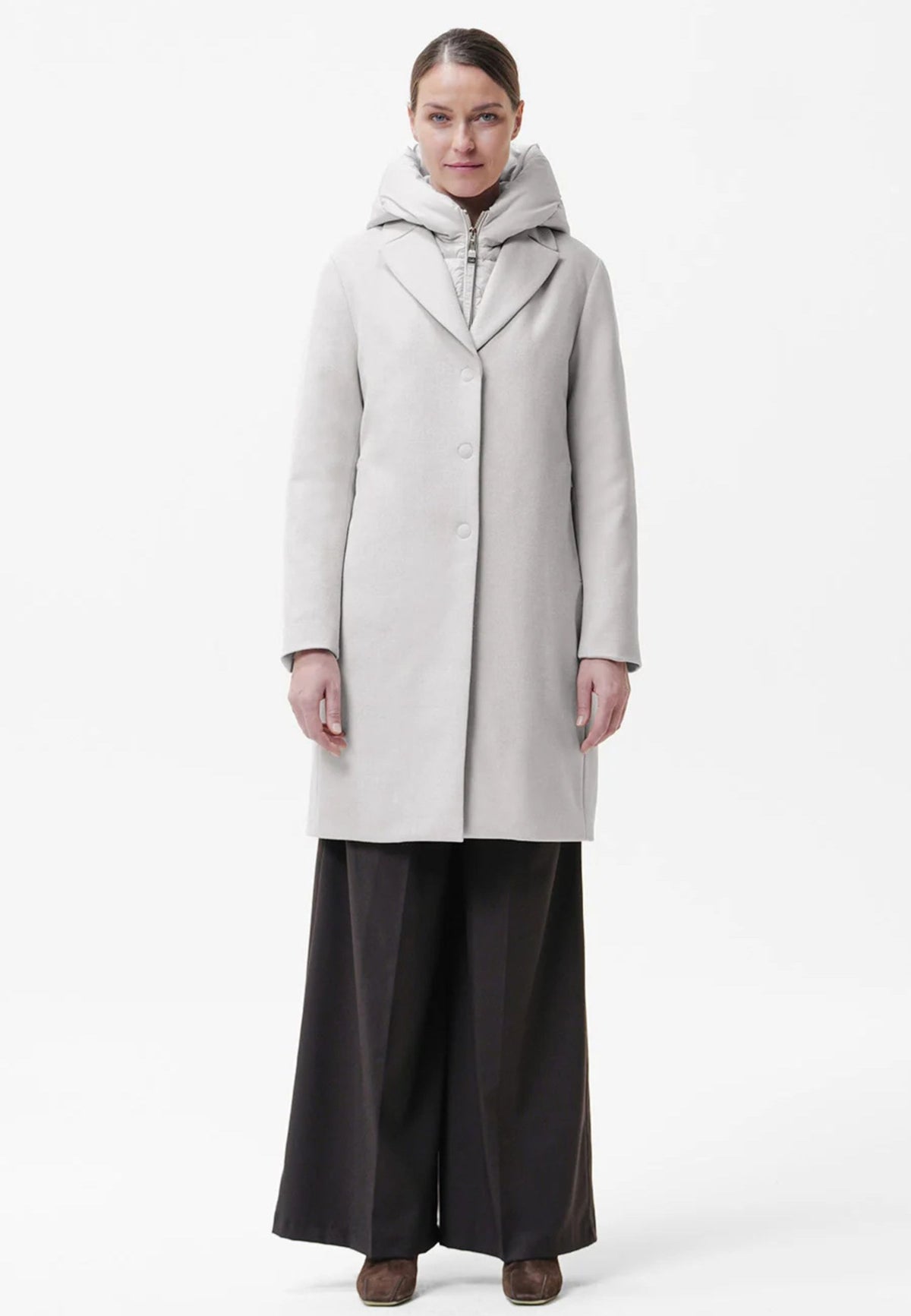DUNO ARTEMIDE - Cappotto Donna in Lana Tecnica con Pettorina Removibile e Cappuccio