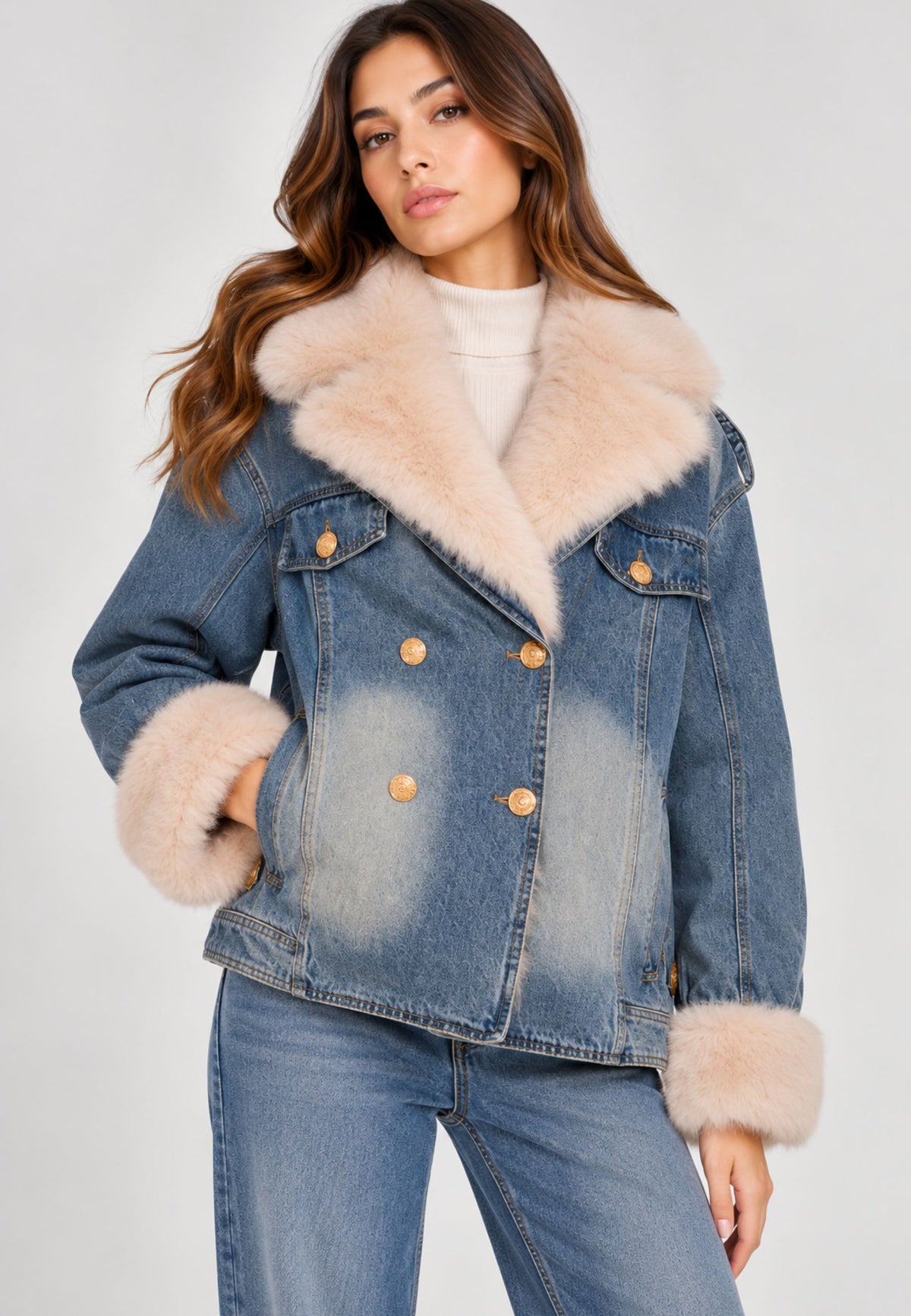 Fracomina - Giacca in denim con dettagli in ecopelliccia