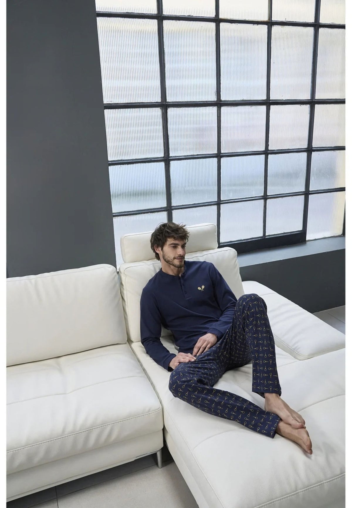 Julipet Pigiama Uomo Serafino in Puro Cotone Blu Fantasia Racchette