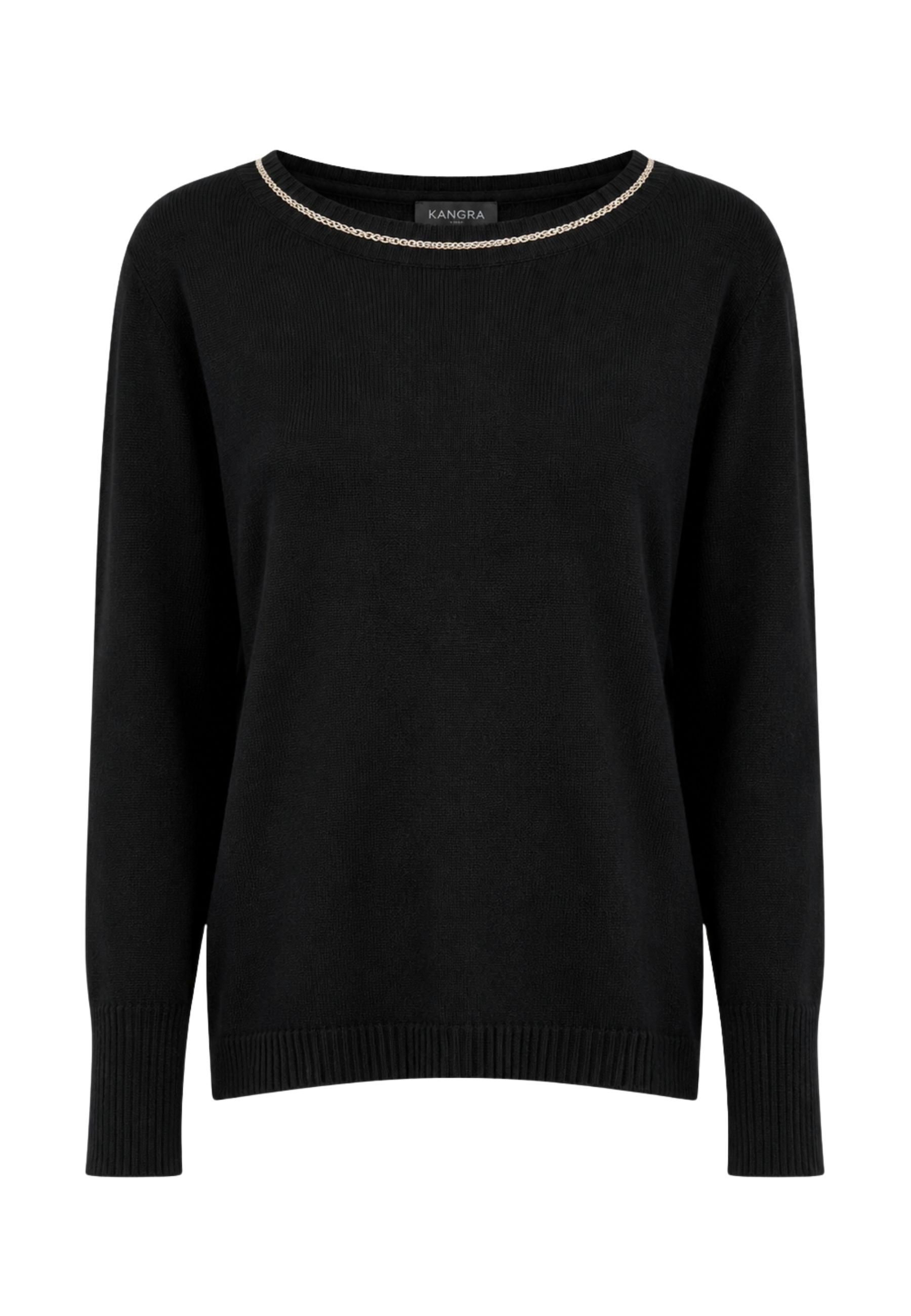 Kangra Cashmere Maglia Donna Scollo a Barca con Passamaneria Nero