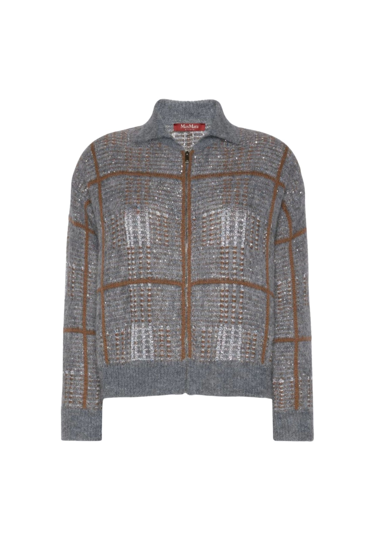 MAX MARA STUDIO - Cardigan Donna Jacquard in Lana, Mohair e Cashmere con Zip - Grigio Medio