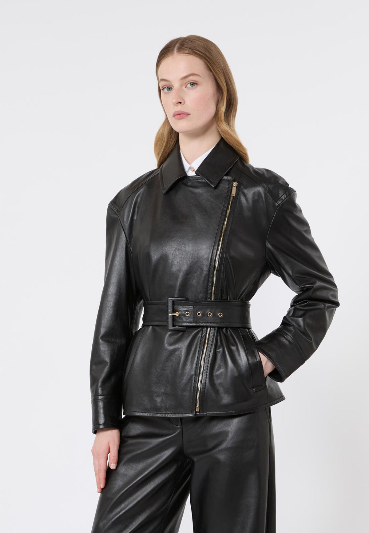 Max Mara Studio - Giacca biker in nappa con cintura