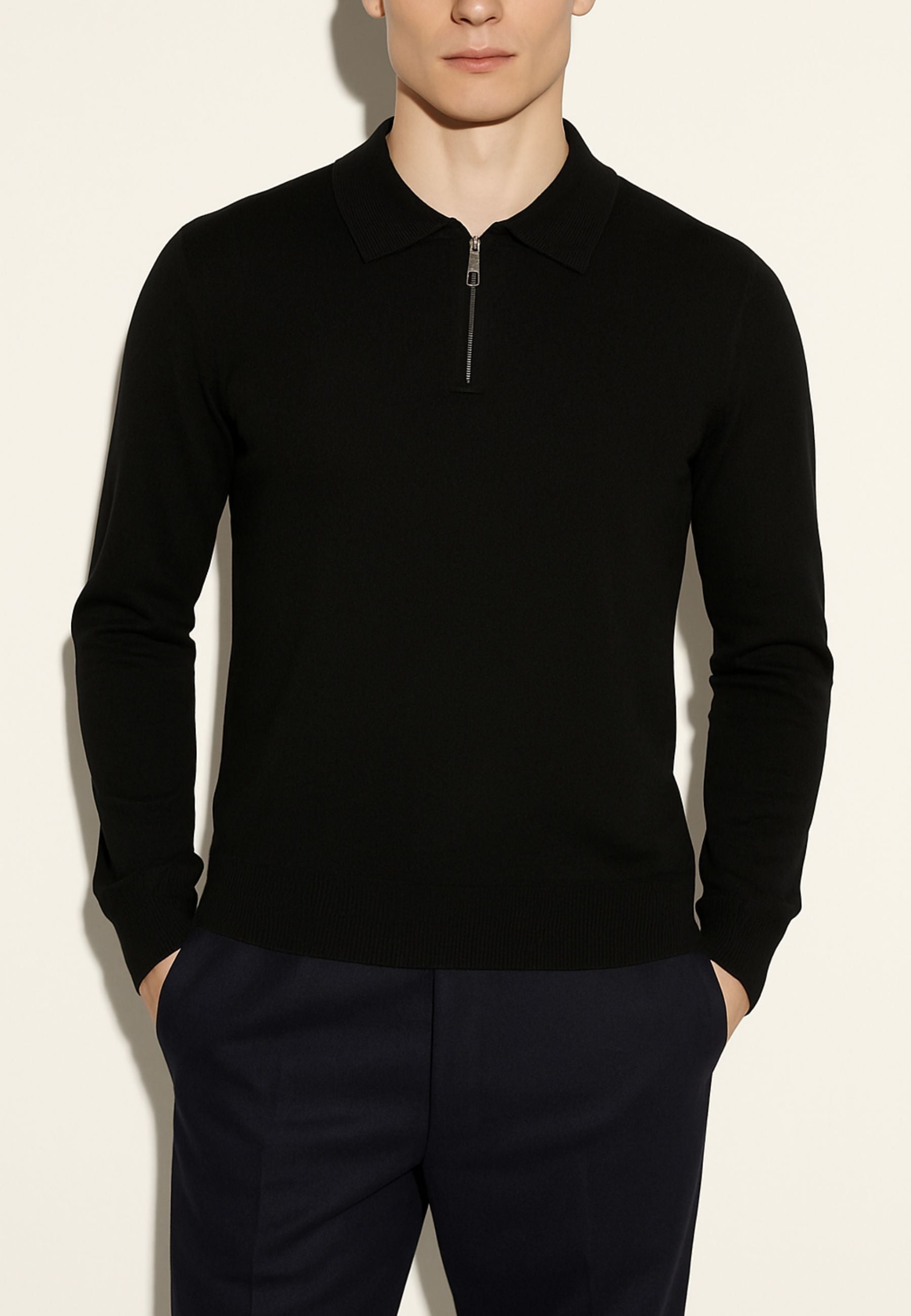 Paolo Pecora - Maglia Polo Uomo in Lana Merinos Extrafine con Zip - Nero