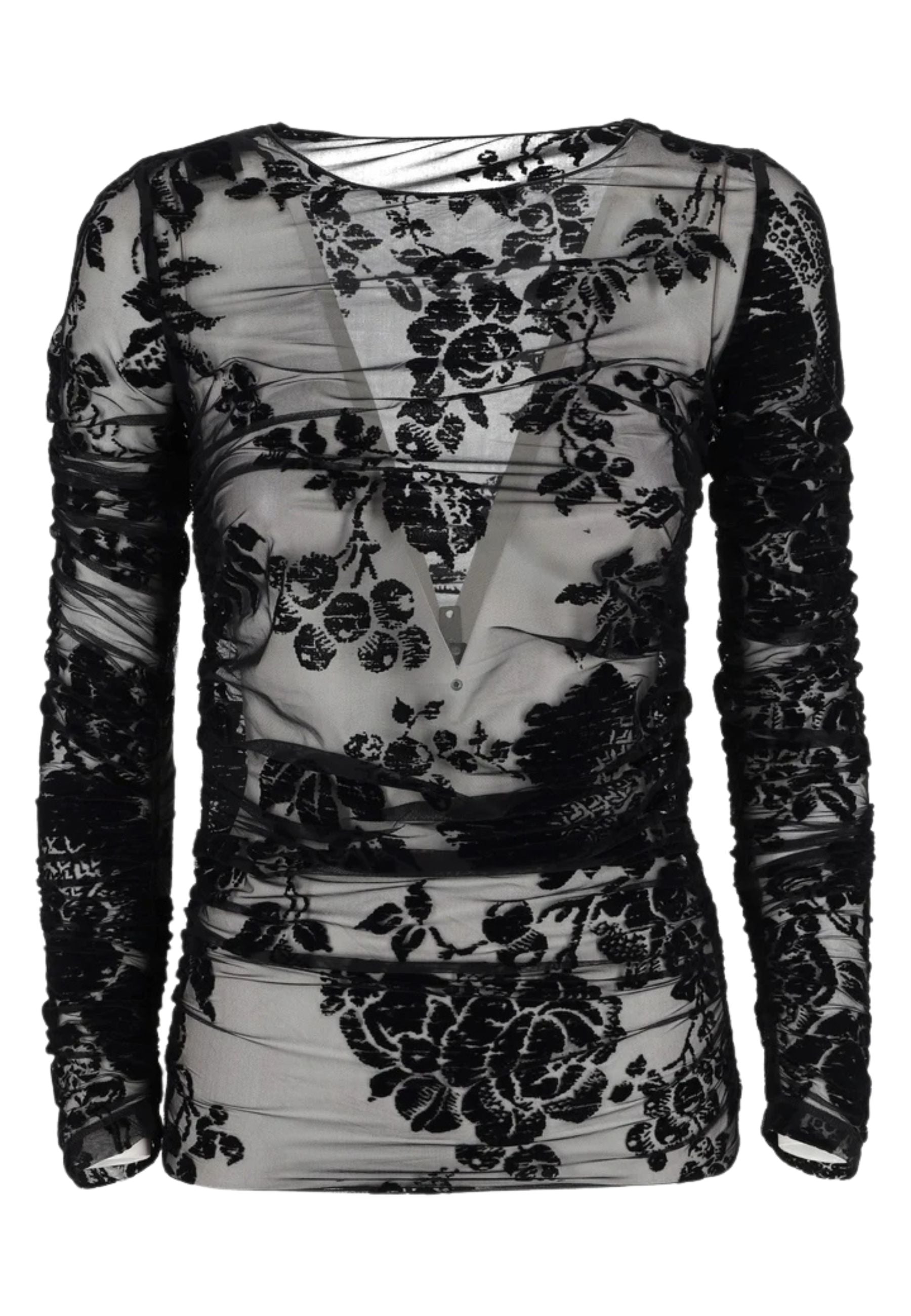 Maglia Trasparente in Tulle con Stampa Flock Floreale