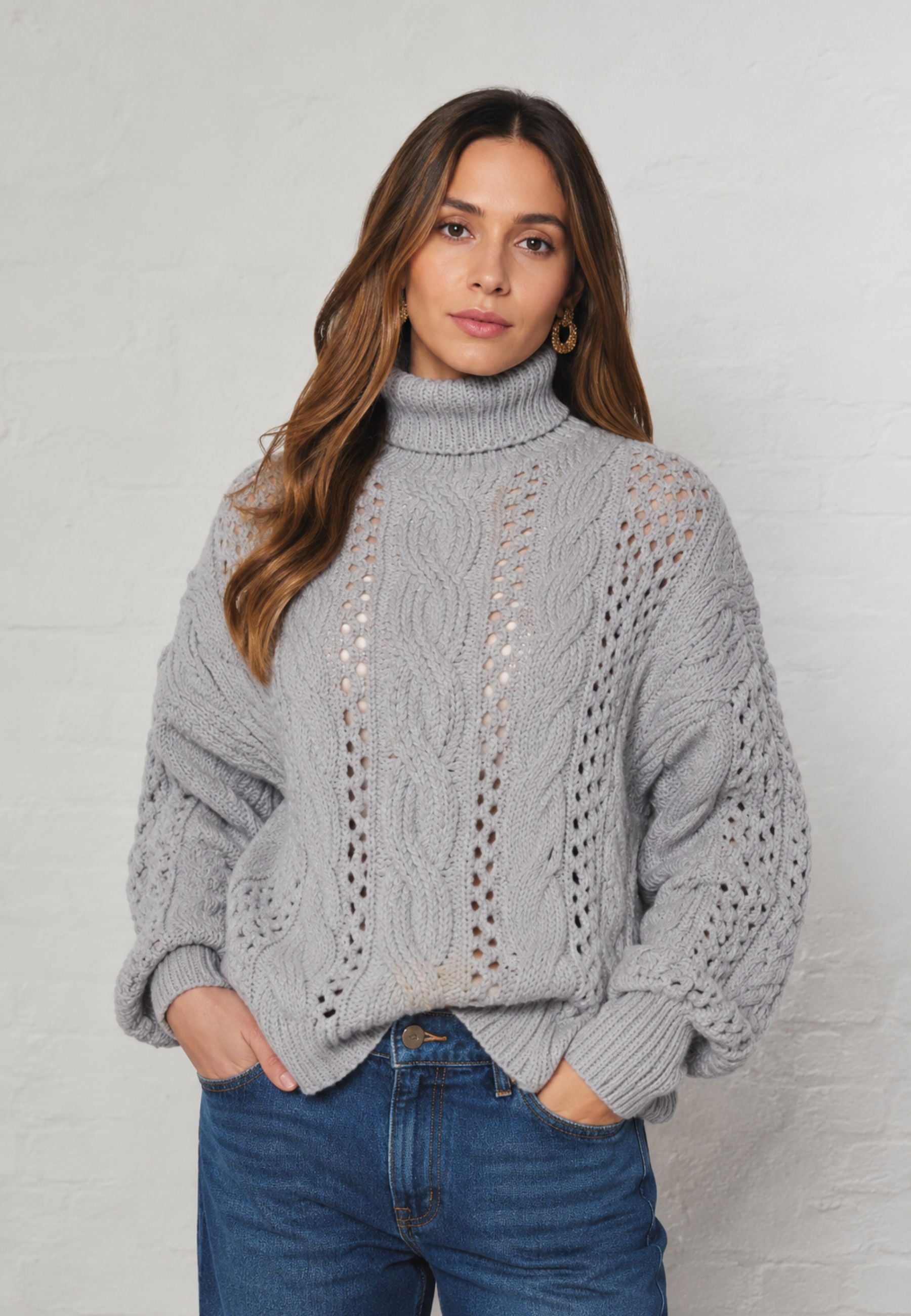 Sportmax Maglione Dolcevita Traforato in Maglia Grigio Medio