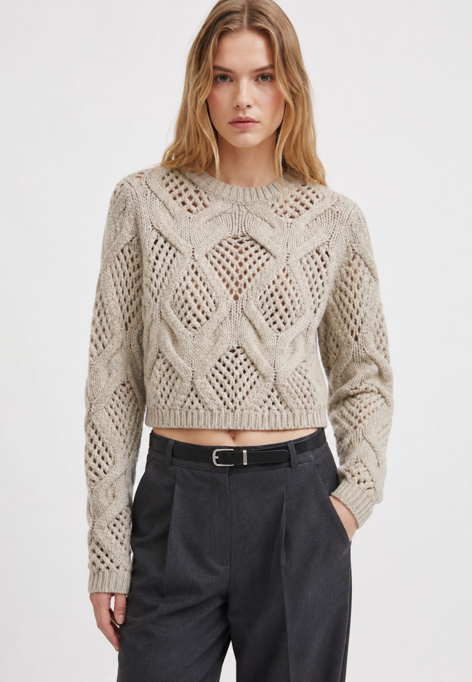 Sportmax Narvel Maglione Crop Traforato in Lana Pearl Grey