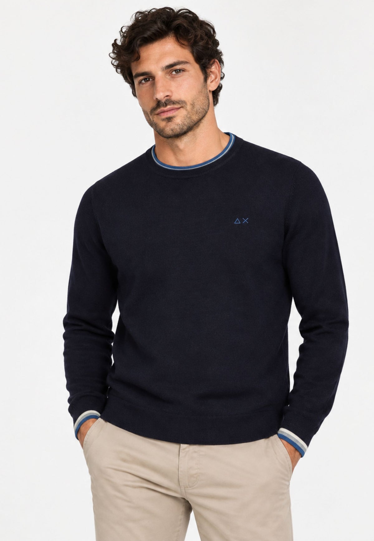 SUN68 Maglia girocollo in lana e cotone navy blue
