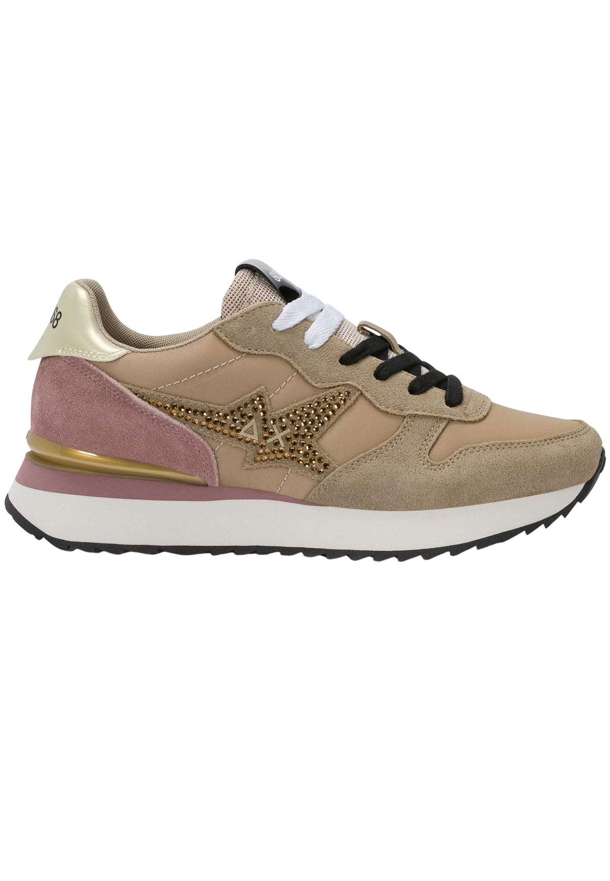 SUN68 Stargirl - Sneakers Donna in Suede e Nylon con Strass Beige Scuro