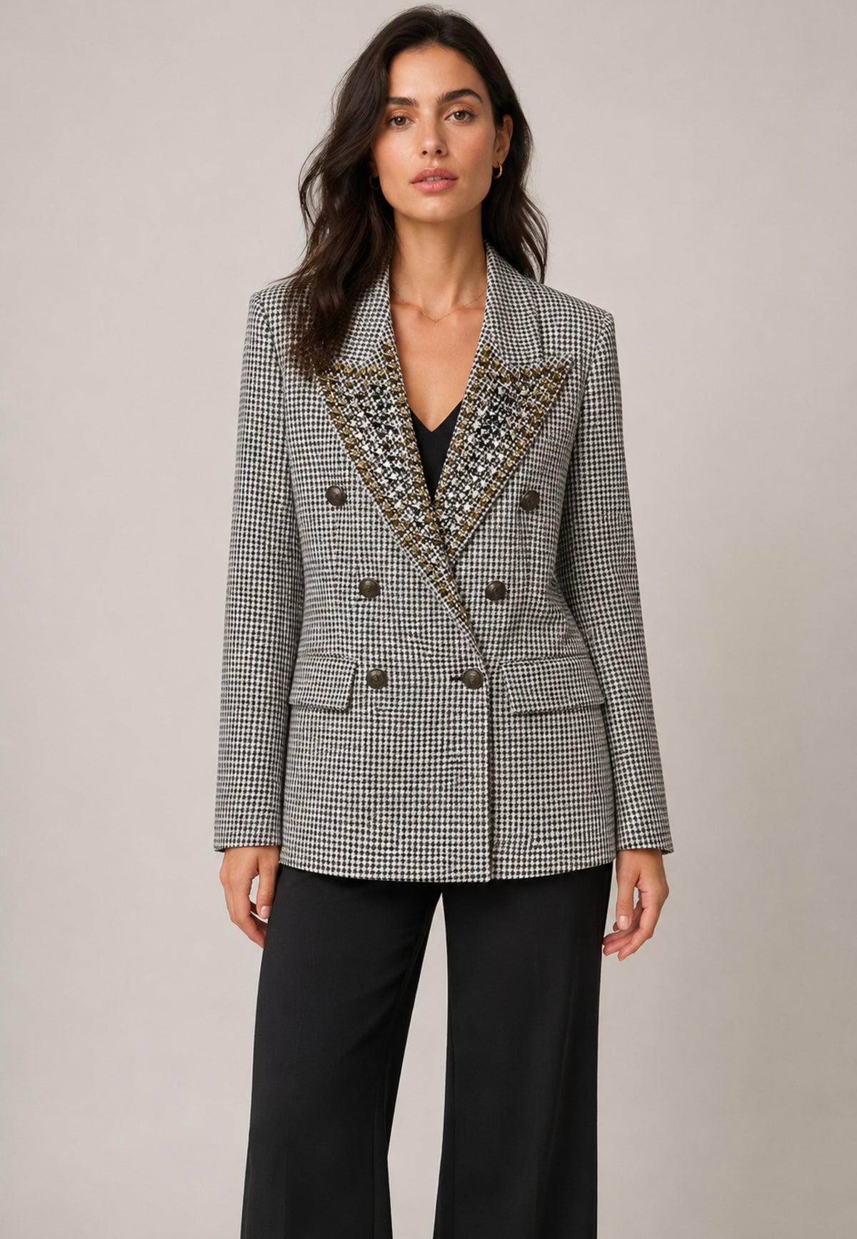 Tensione In - Blazer Doppiopetto Pied-de-Poule con Rever Gioiello