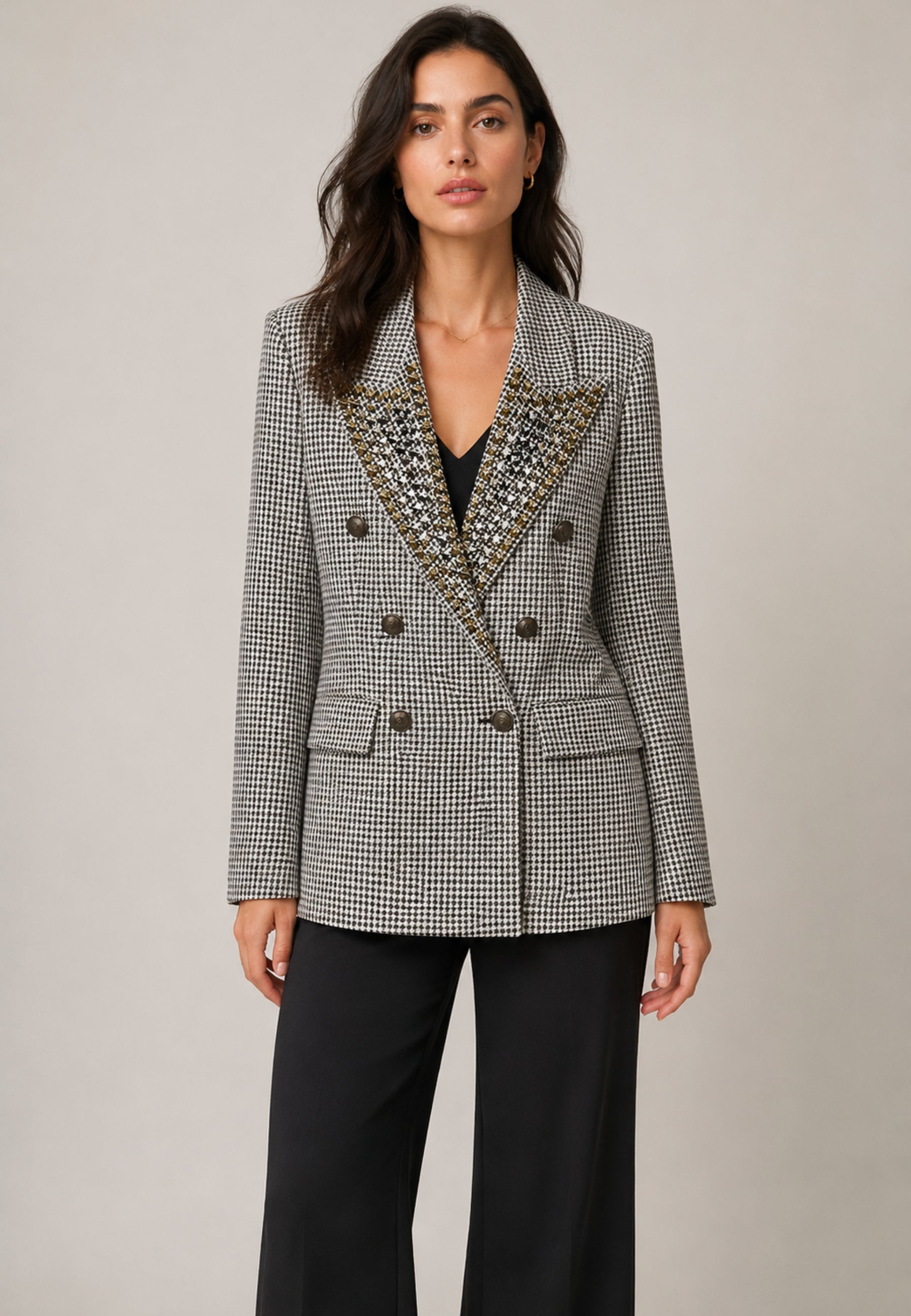 Tensione In - Blazer Doppiopetto Pied-de-Poule con Rever Gioiello