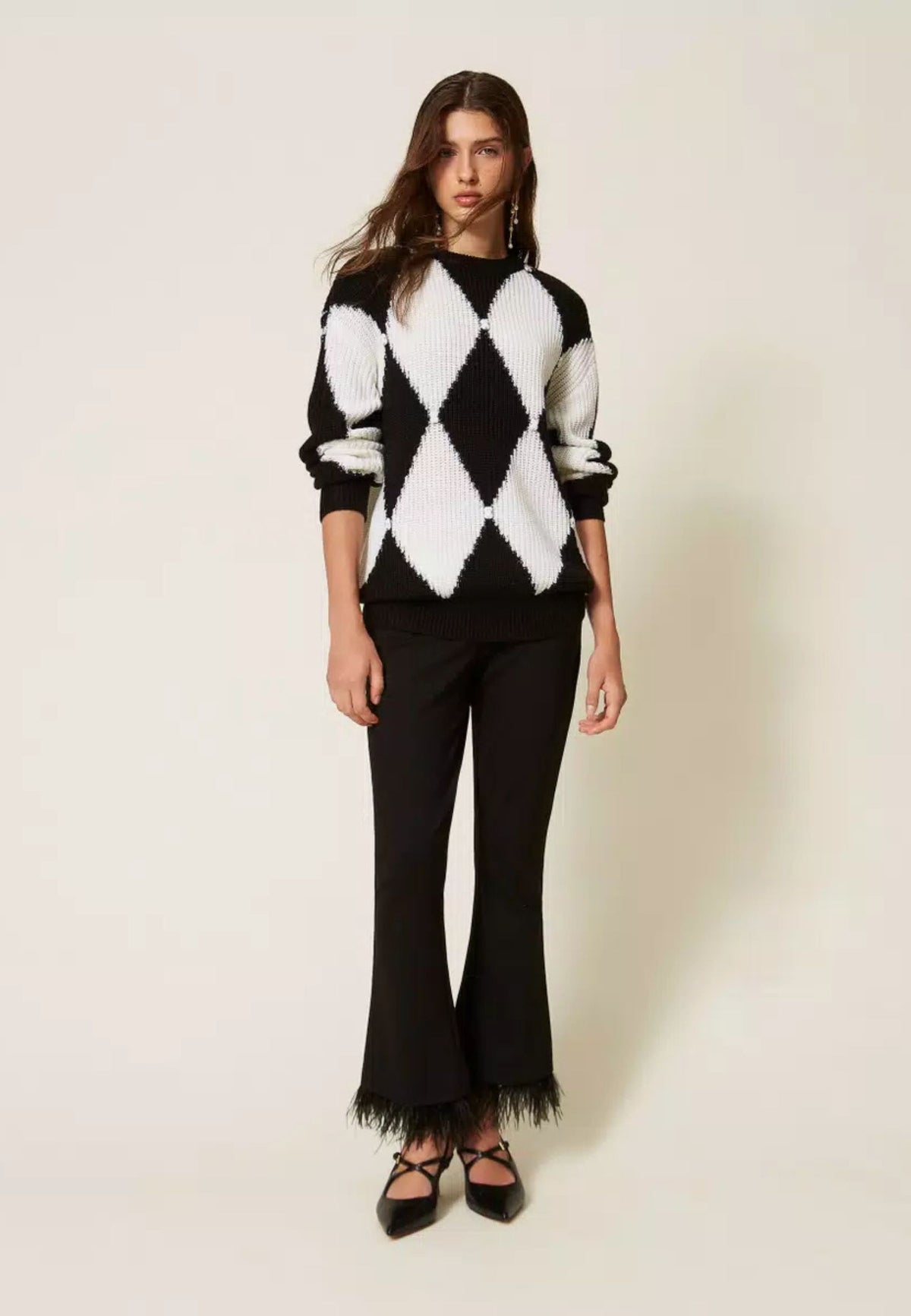 Twinset Actitude - Maglia in Misto Lana a Rombi con Ricamo