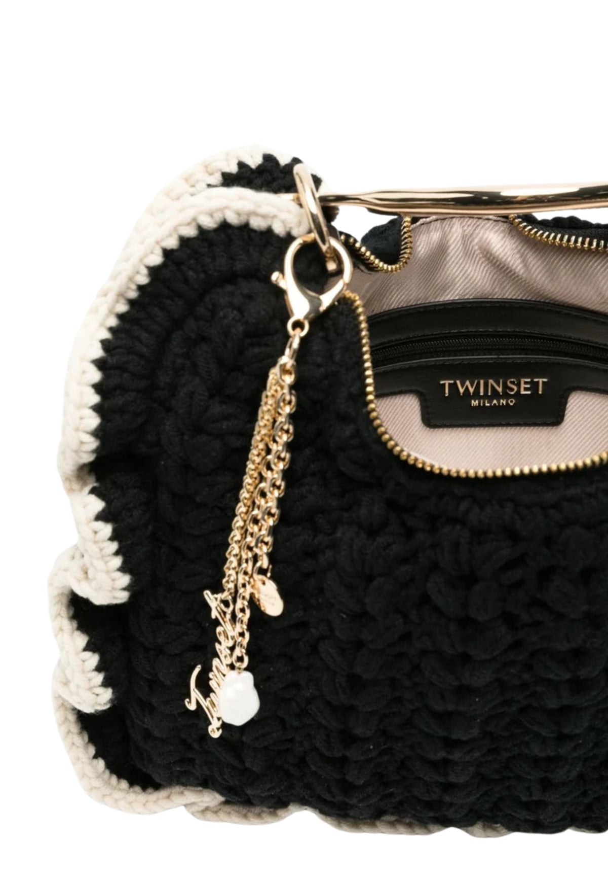 Twinset - Borsa Croissant in Maglia Crochet Nera con Profili a Contrasto