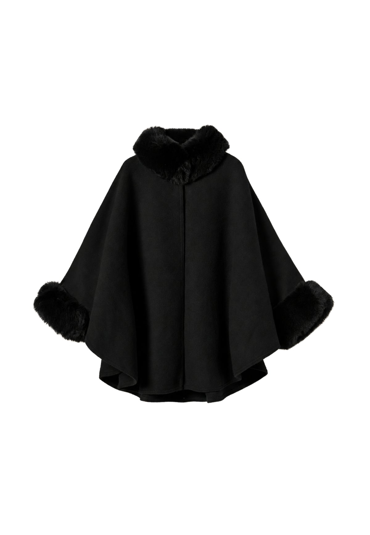 Twinset Poncho in Panno con Collo e Polsini in Faux Fur - Nero