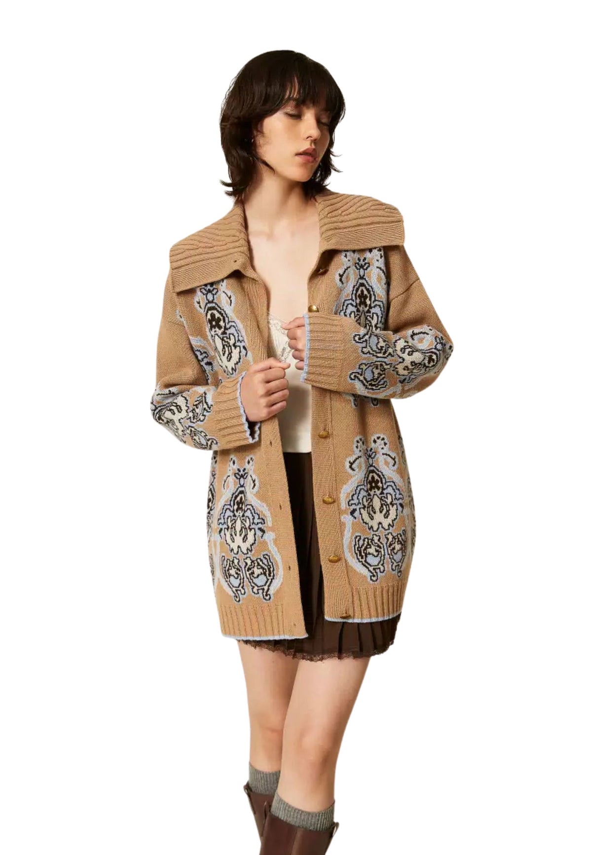 Twinset Milano - Cardigan lungo in misto lana jacquard