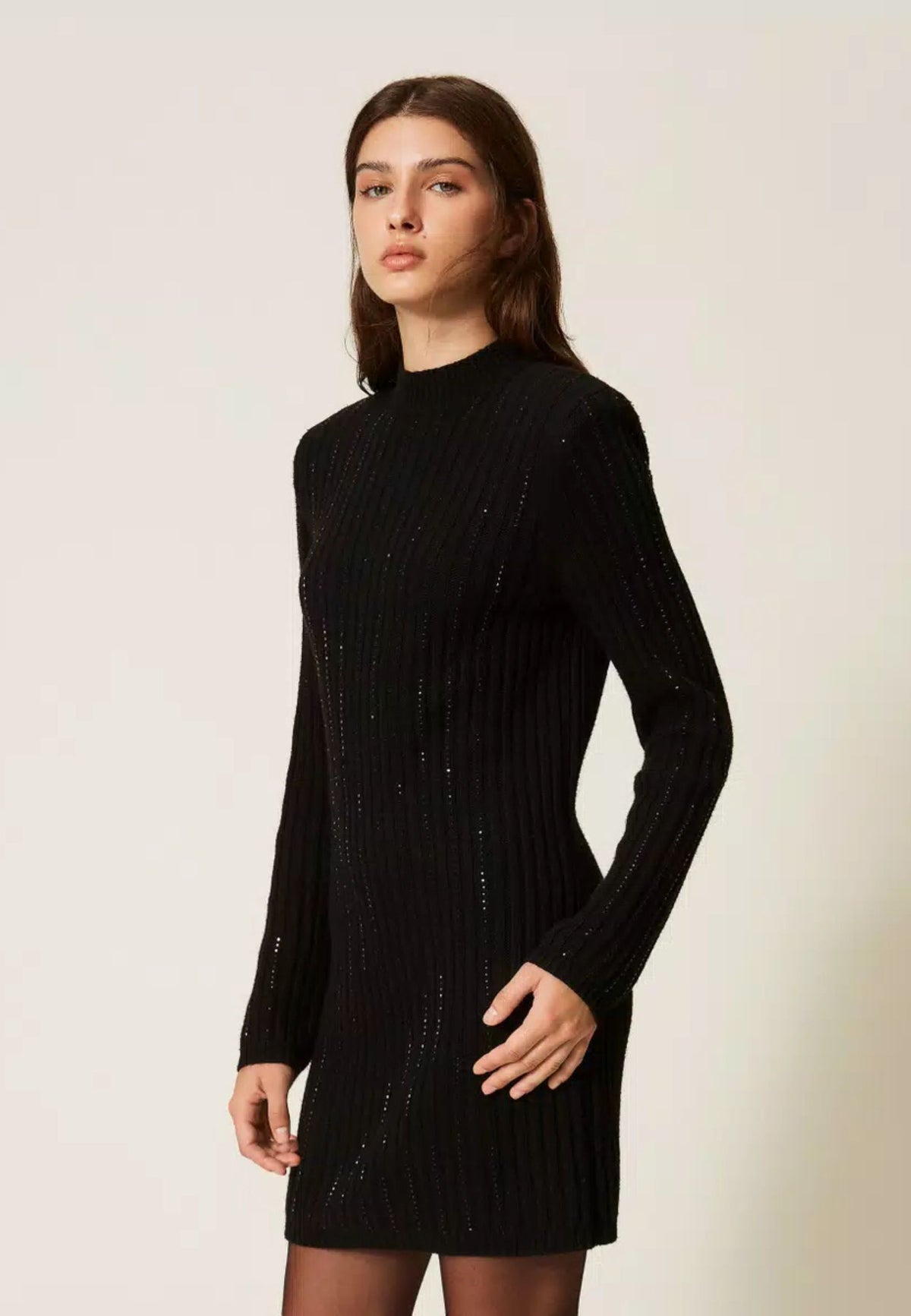 Twinset - Abito Corto in Maglia di Misto Lana con Strass