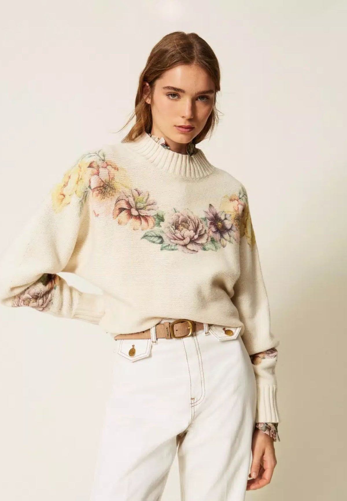 Twinset - Maglia in Misto Lana e Cotone con Stampa Floreale