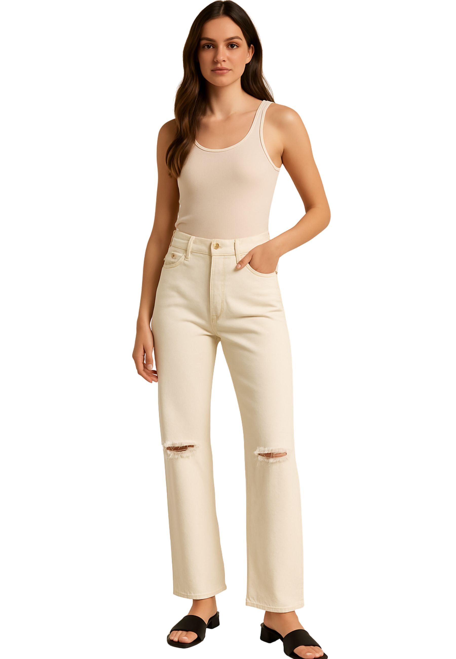 Jeans Donna a Gamba Dritta con Strappi - Colore Bianco