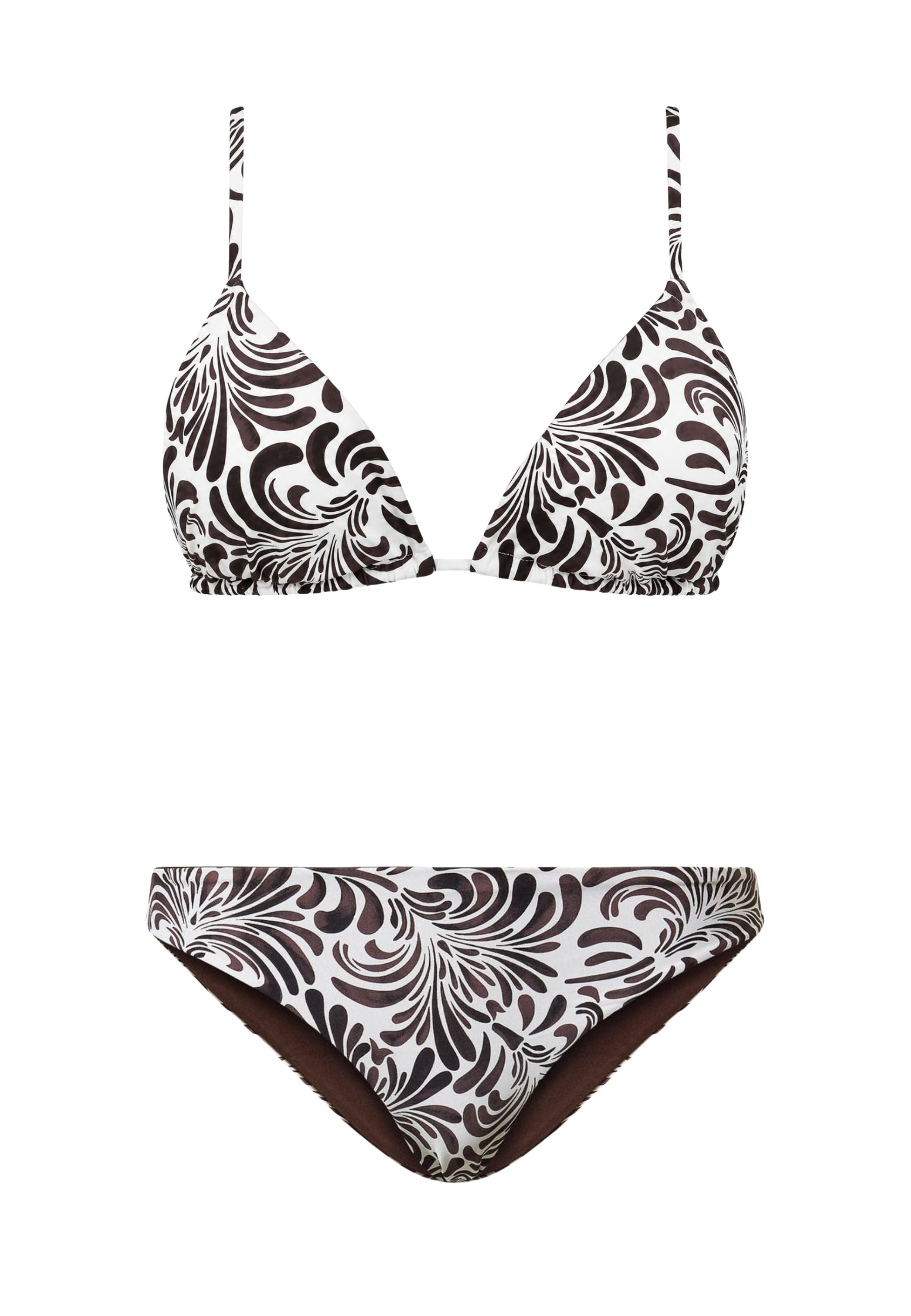 Bikini Triangolo Twinset Coppa B con Stampa Botanica e Slip Fianco Alto - Botanical Coffee Choc / Off White