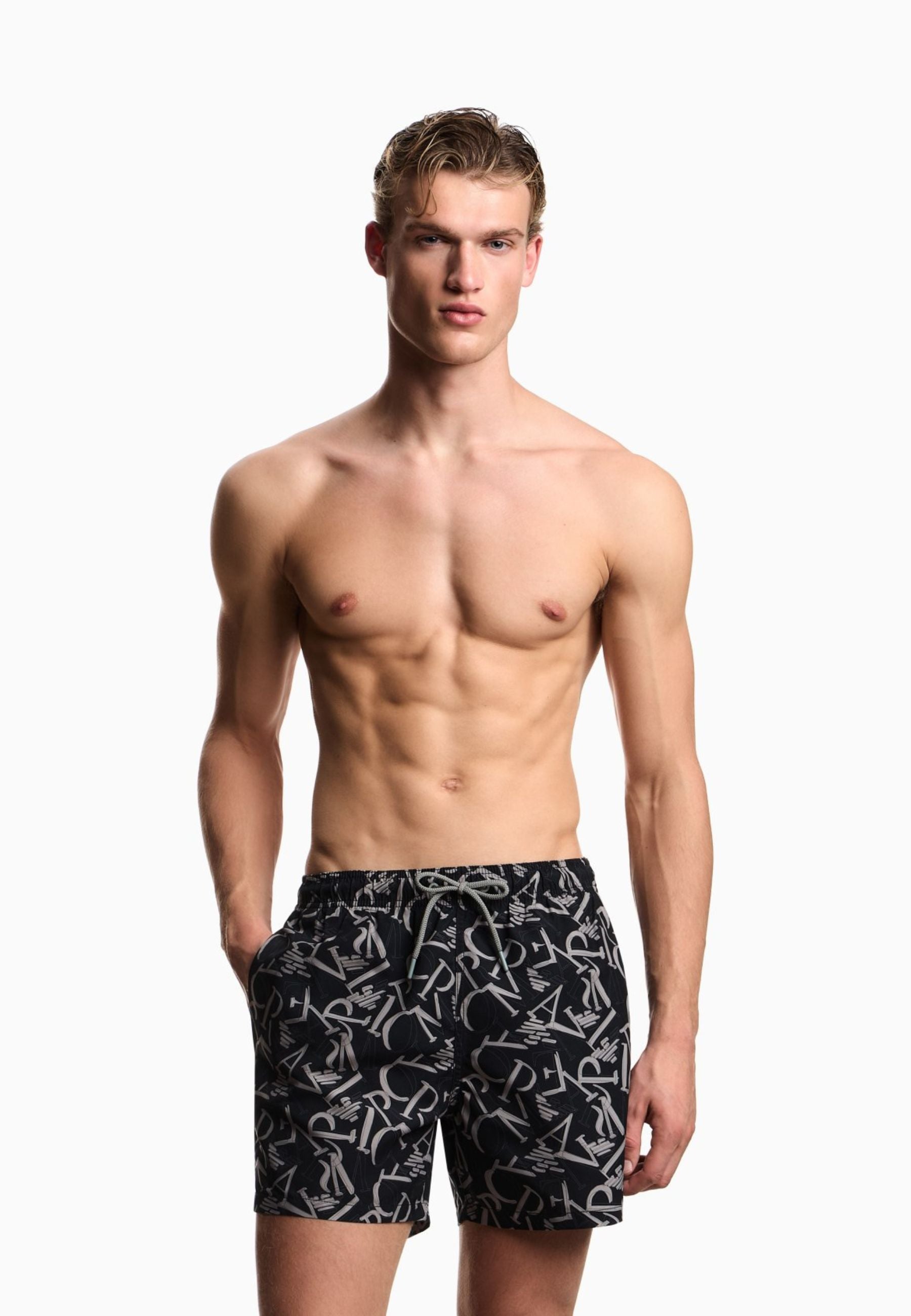 Emporio Armani Costume da Bagno Uomo Shorts Stampa Logo All Over - Nero