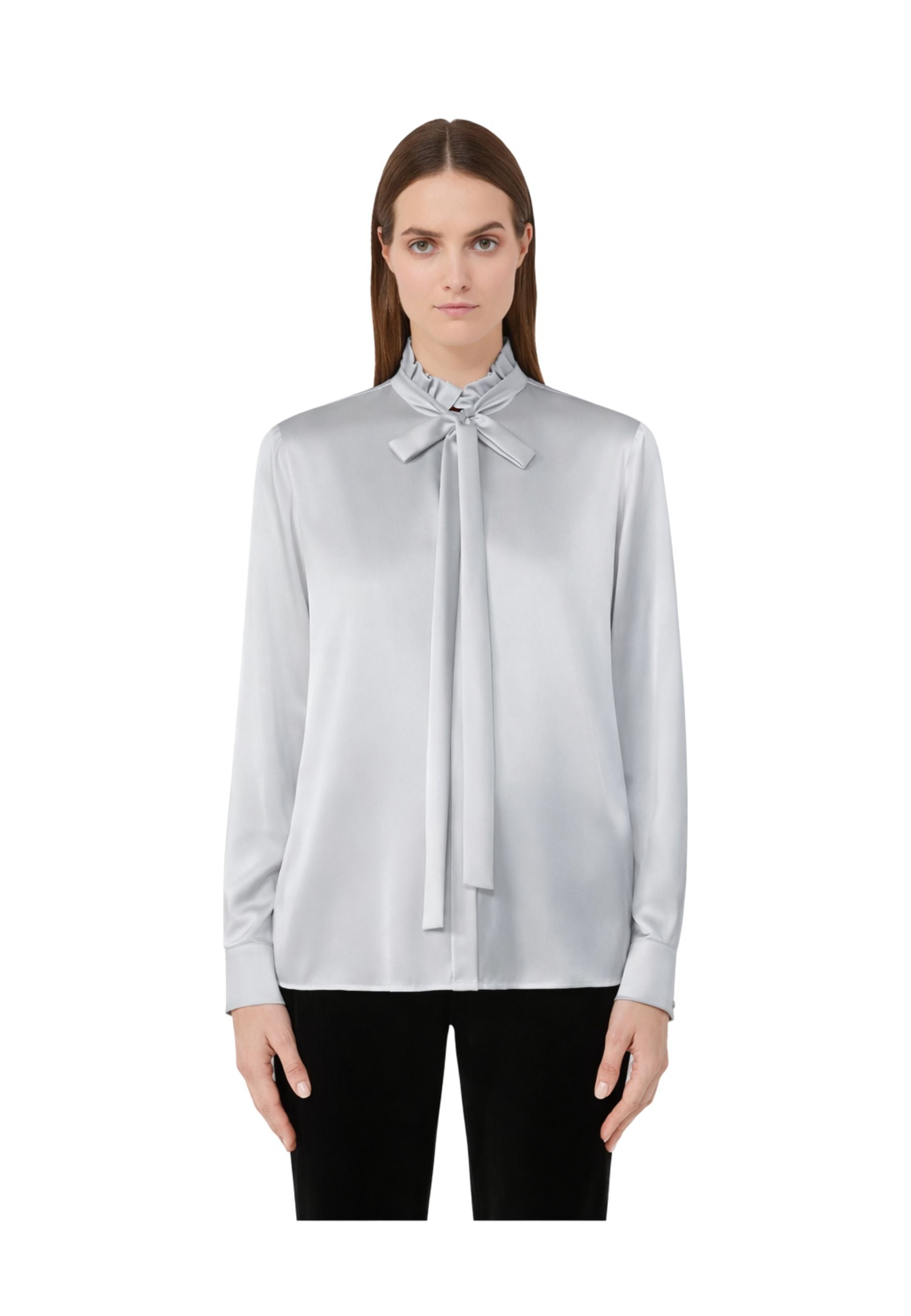 Blusa in raso di seta stretch con fiocco - Grigio perla