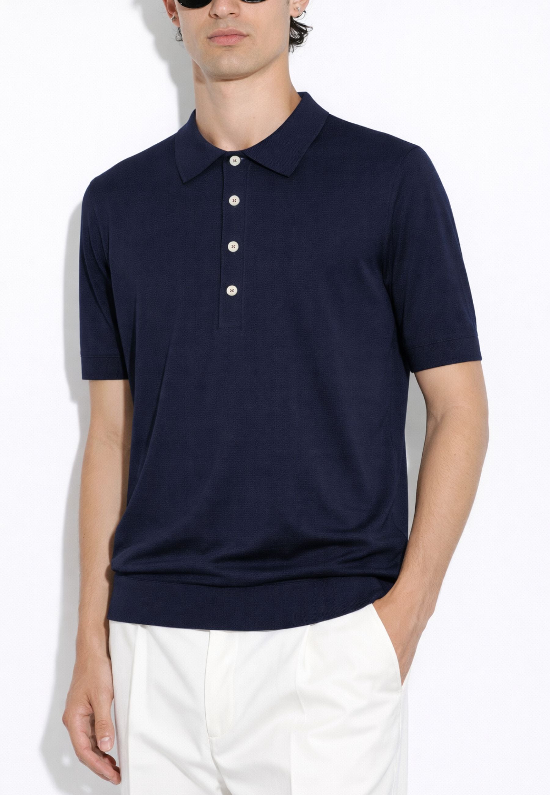 Paolo Pecora - Polo in seta e cotone blu navy con bottoni in madreperla