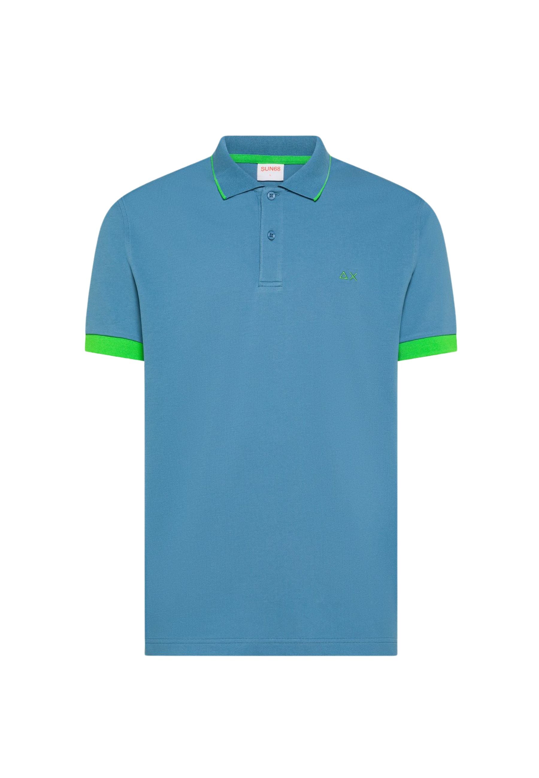 Polo in cotone blu avio con bordi fluo a contrasto