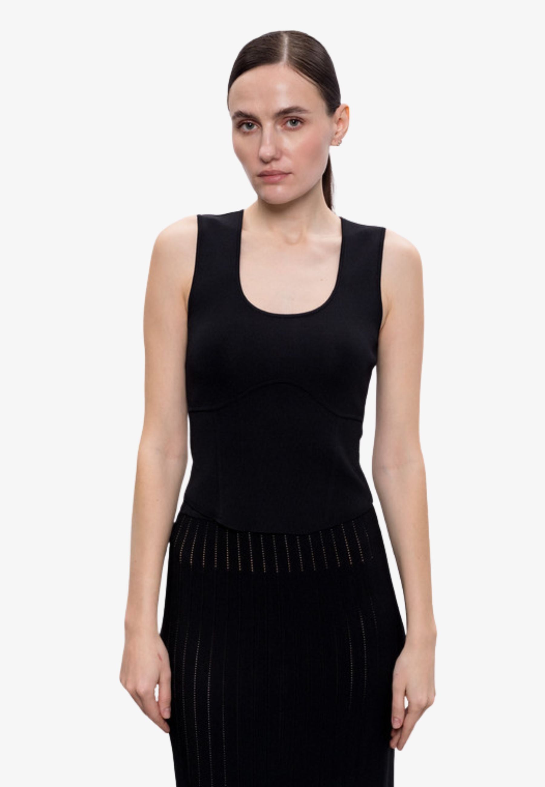 Top in maglia stretch nero con logo Oval T