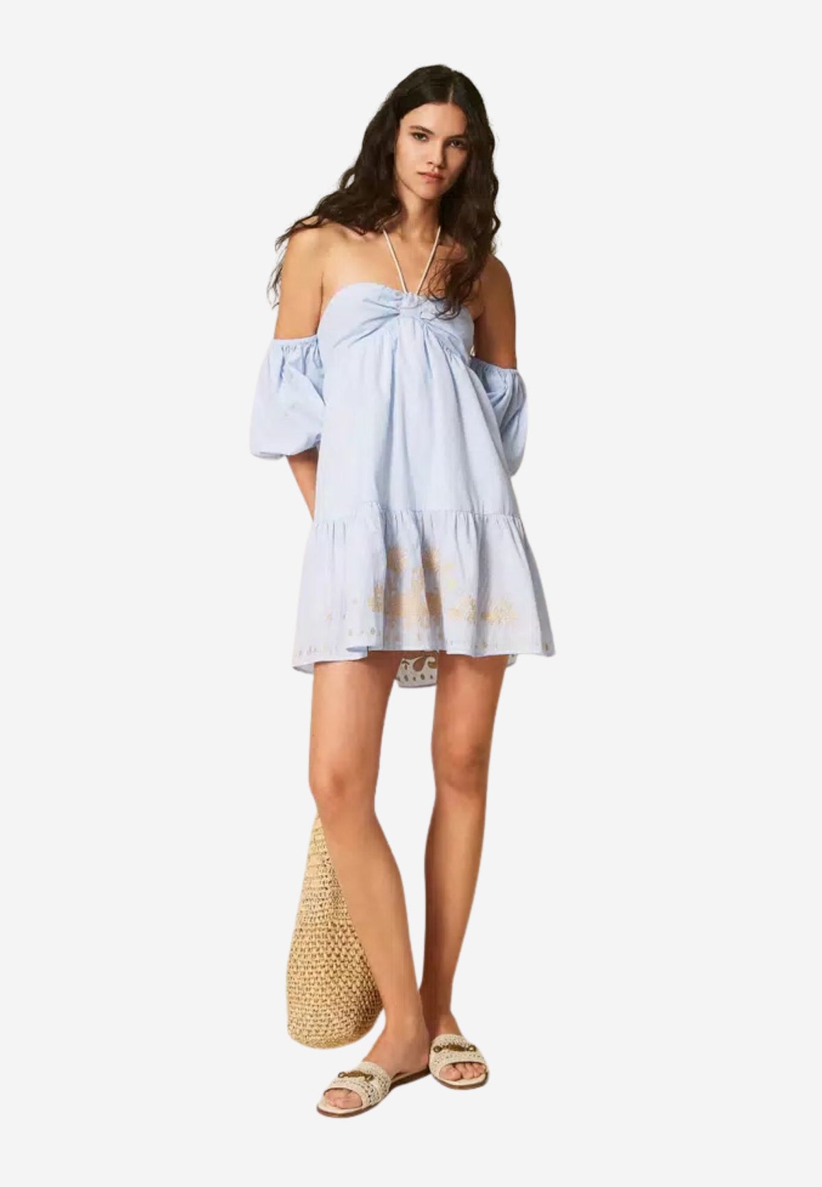 Abito corto off-shoulder a righe con ricamo - Actitude