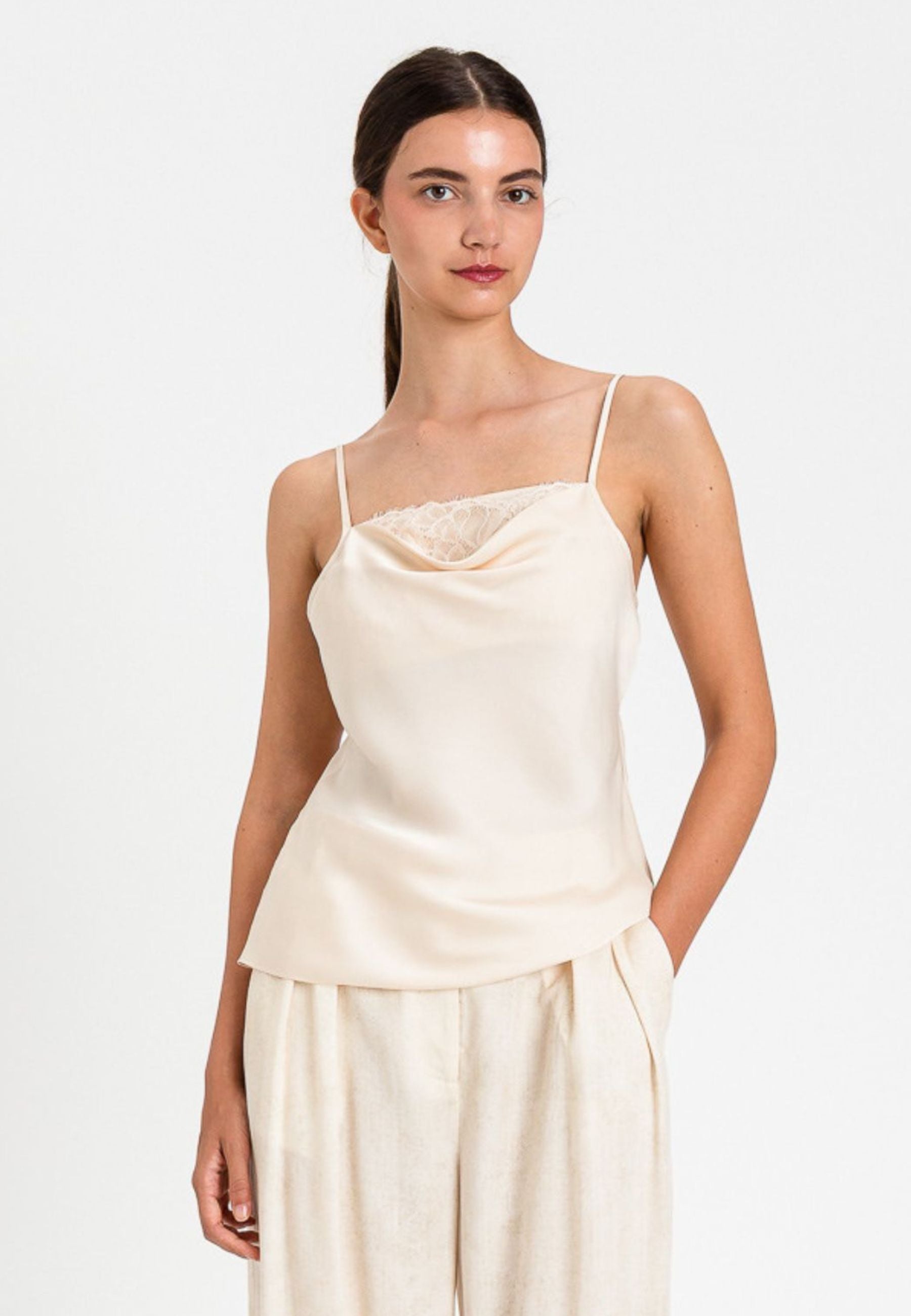 Twinset Top Satin con Inserto in Pizzo - Avorio