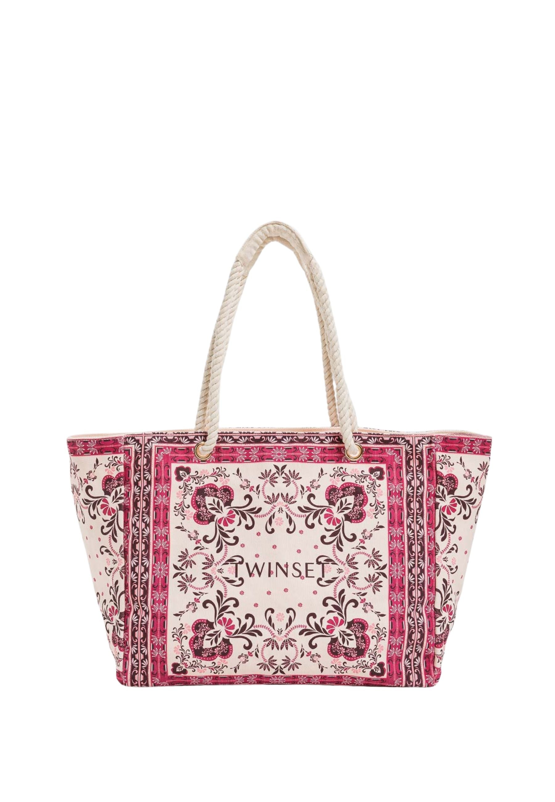 Borsa Shopper in Canvas con Stampa Foulard Fuchsia