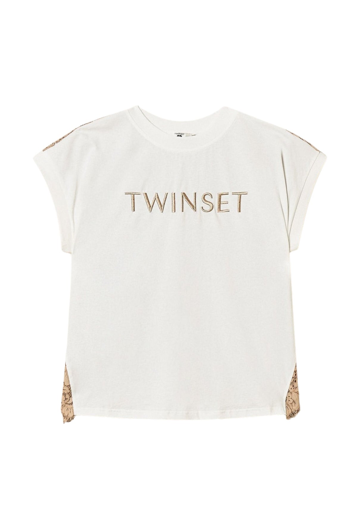 T-shirt Twinset con Pizzo e Logo Ricamato