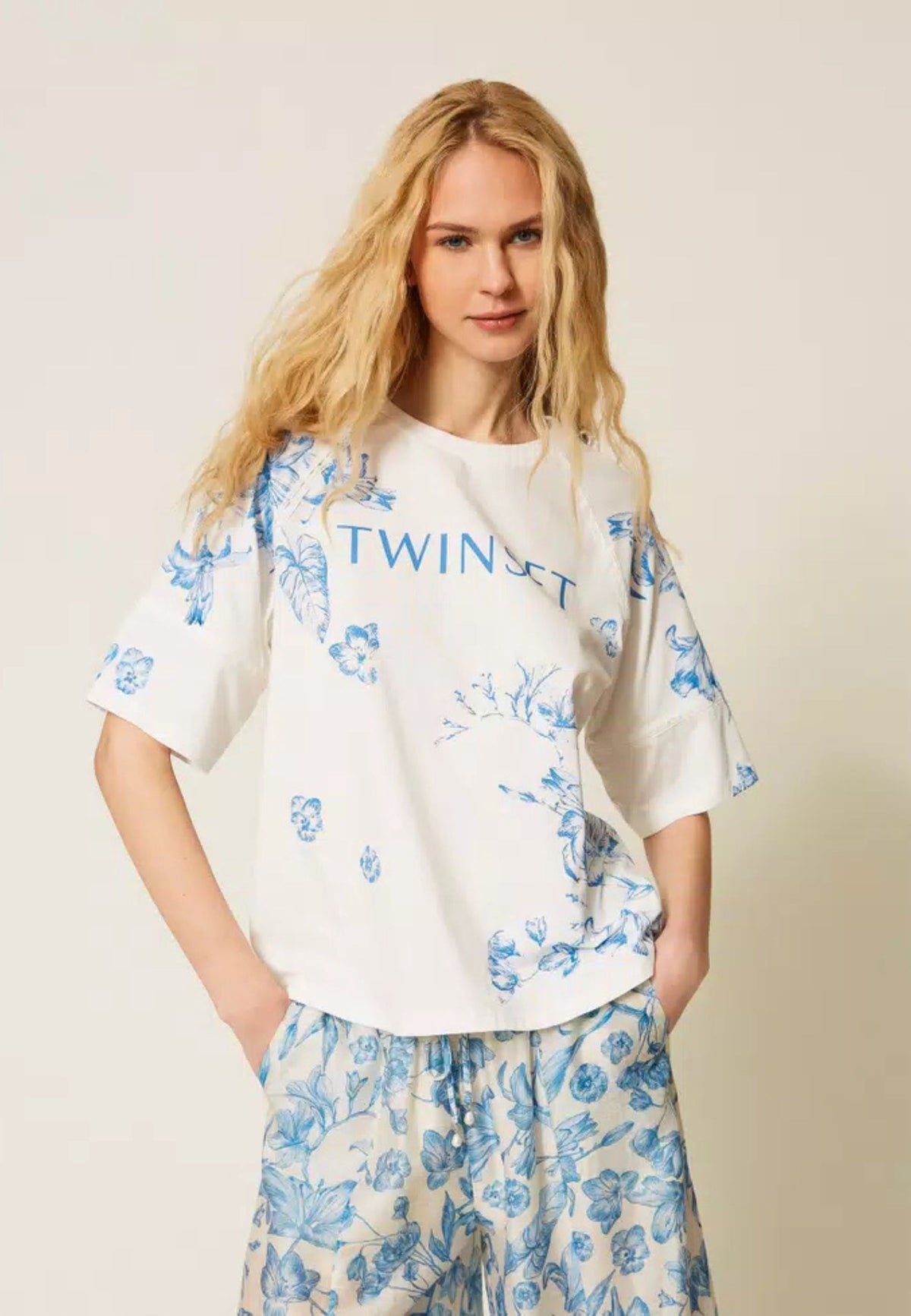 Twinset T-Shirt Toile de Jouy con Logo Lettering