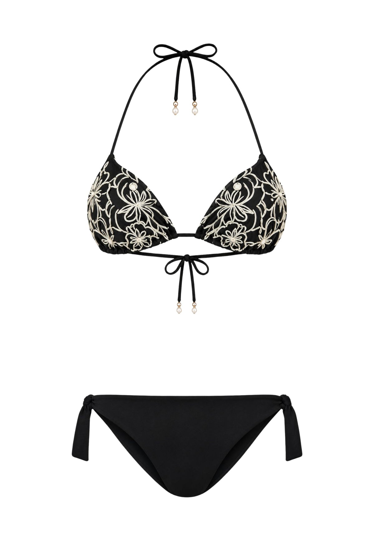 Bikini triangolo ricamato con tanga a laccetti