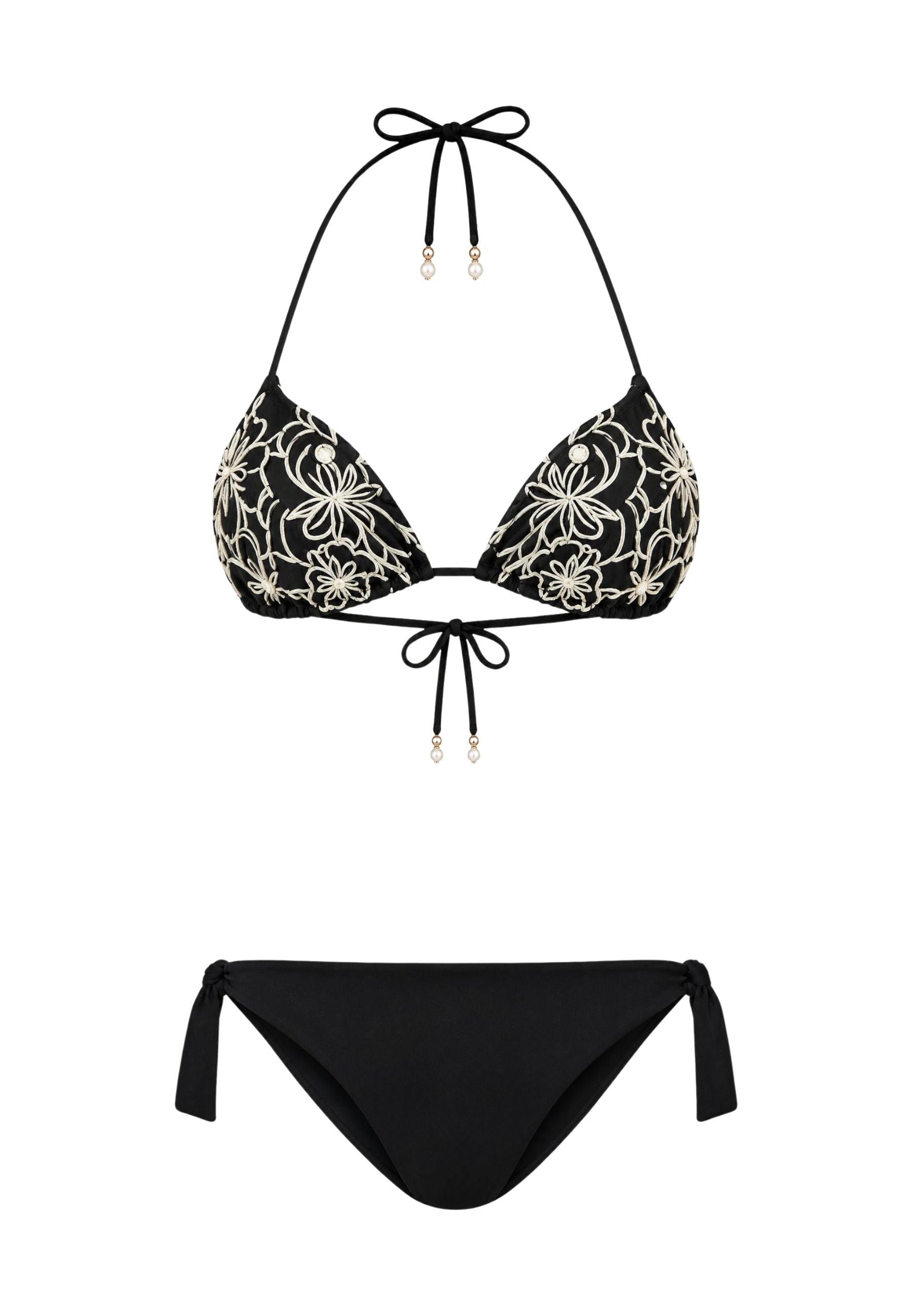 Bikini triangolo ricamato con tanga a laccetti