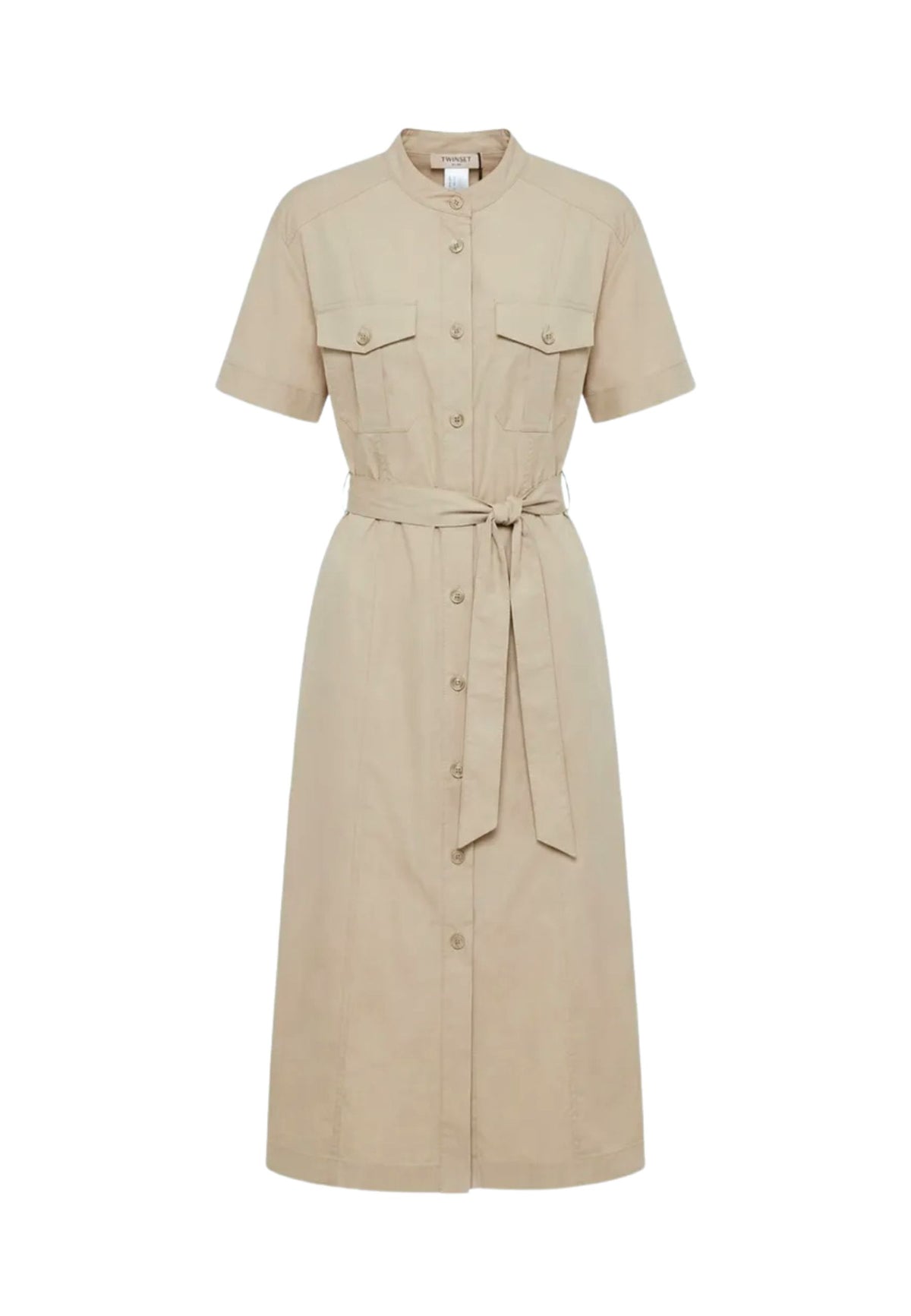 Abito Midi Camicia Beige Twinset in Cotone Stretch con Cintura e Tasche
