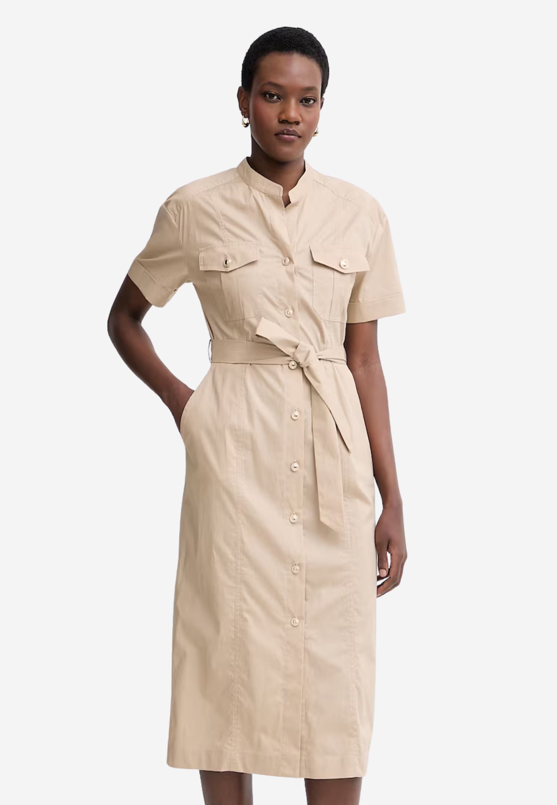 Abito Midi Camicia Beige Twinset in Cotone Stretch con Cintura e Tasche