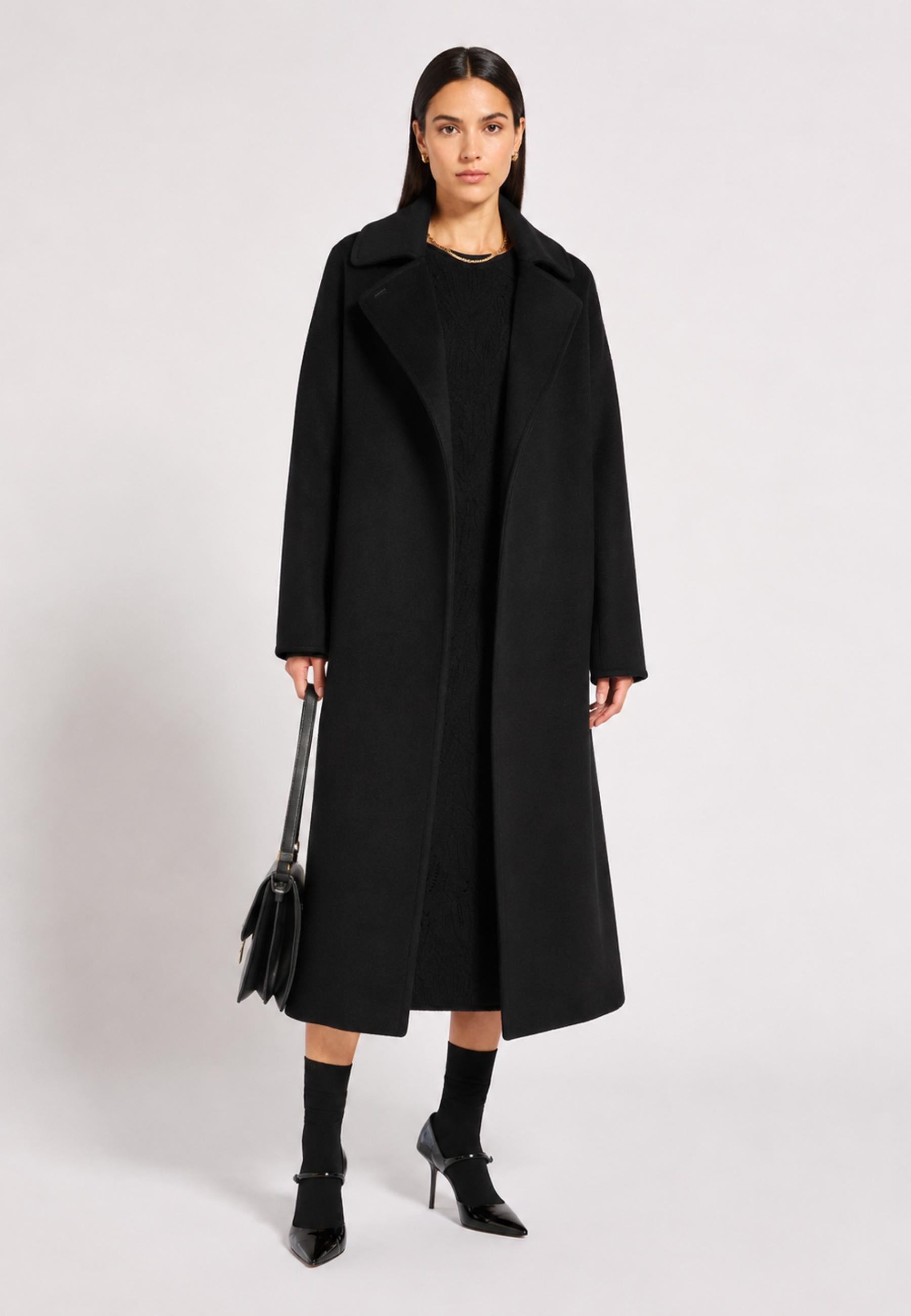 Max Mara Studio - Cappotto lungo in panno di castoro di pura lana vergine con cintura