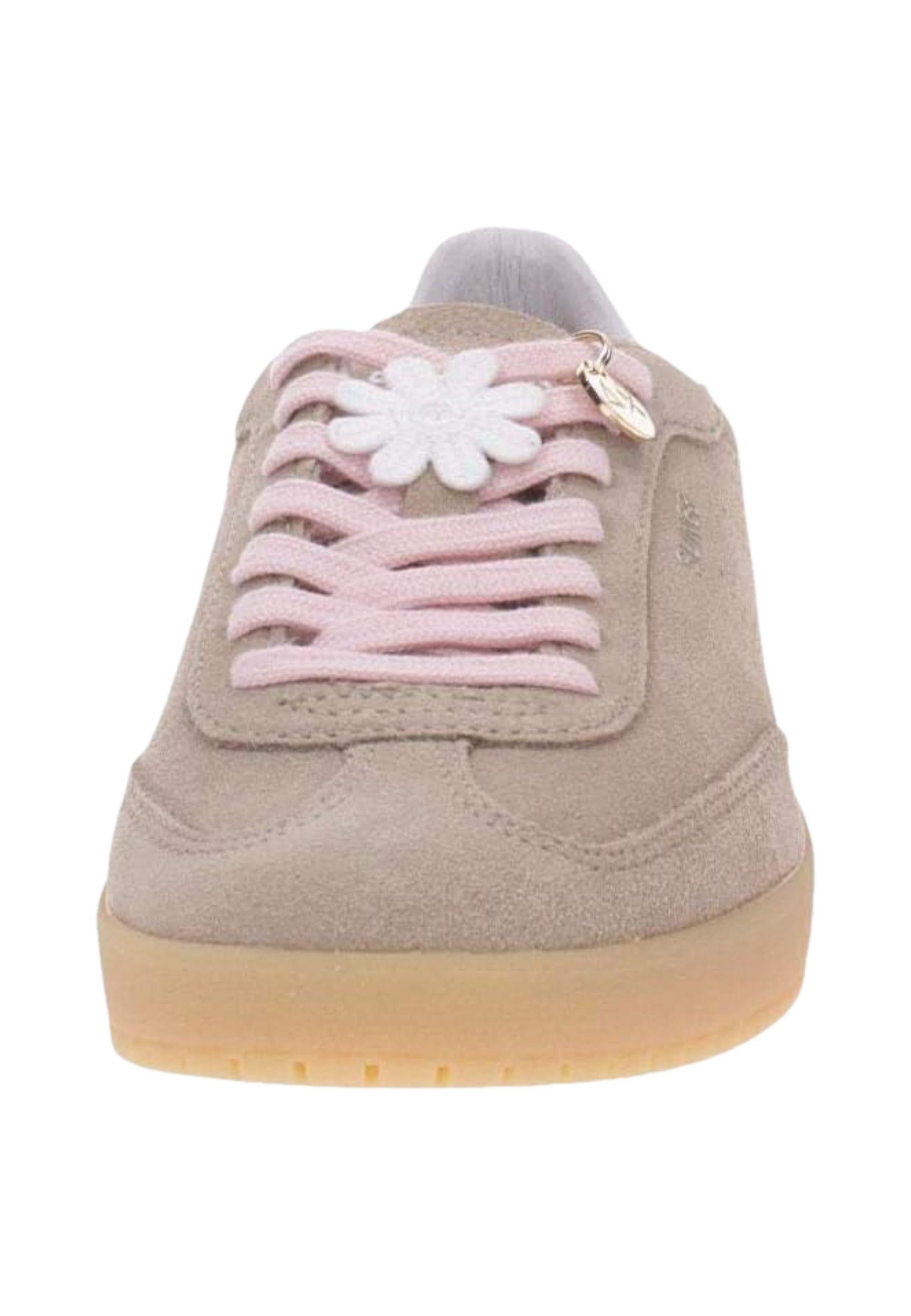 SUN68 - Sneakers donna in suede beige con lacci rosa