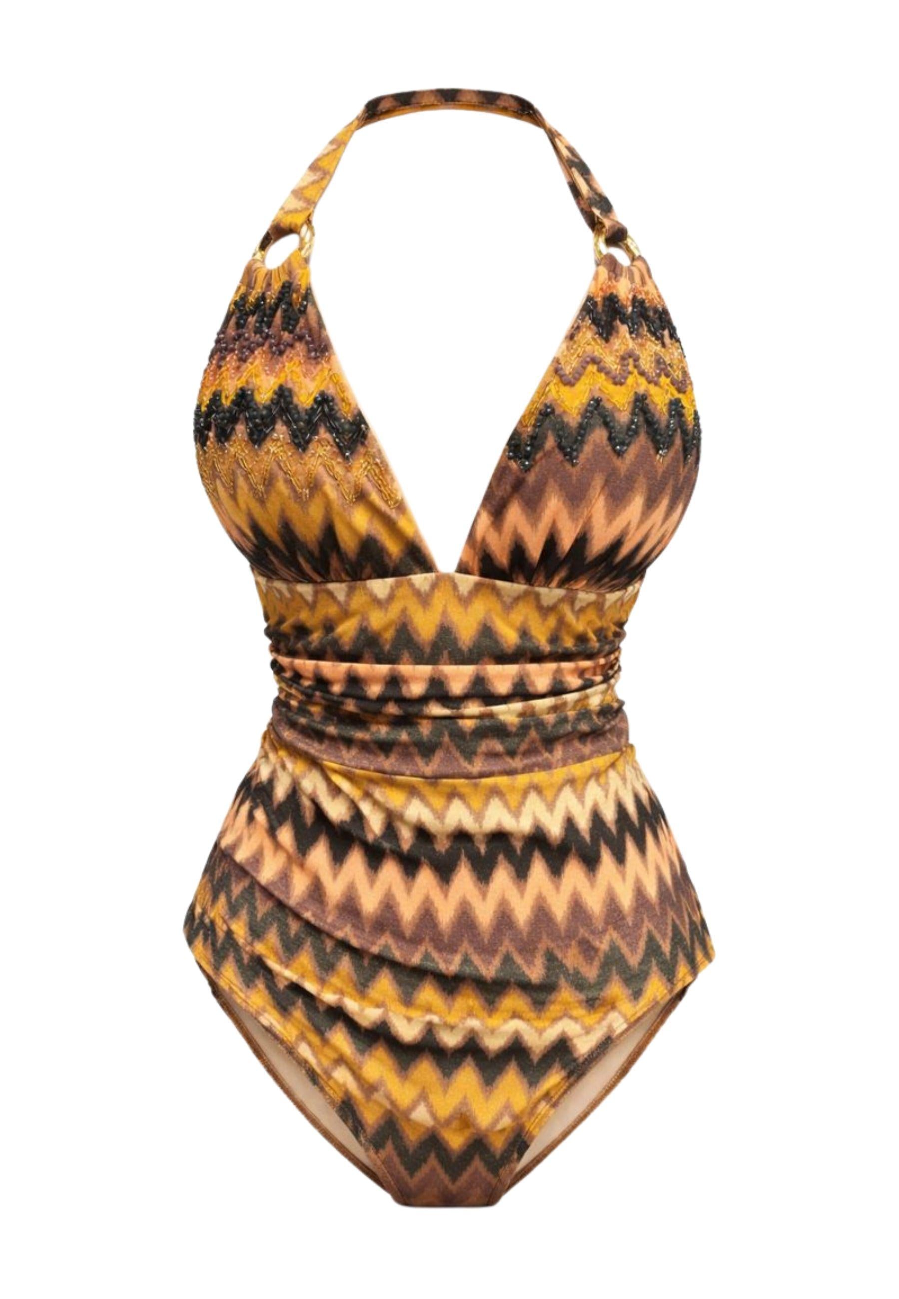 Costume intero donna Ilaria Vitagliano con fantasia zig zag e dettagli gioiello