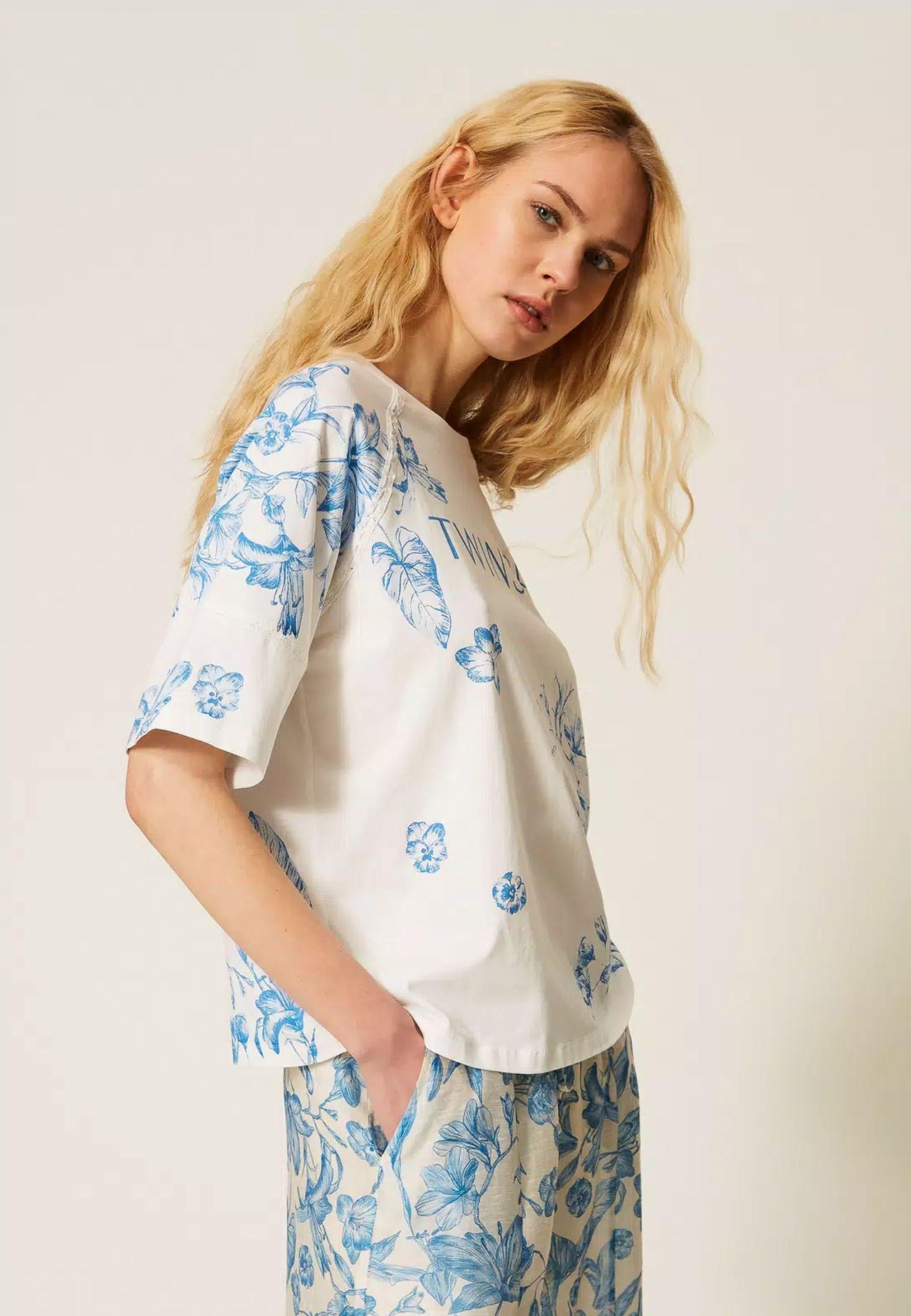 Twinset T-Shirt Toile de Jouy con Logo Lettering