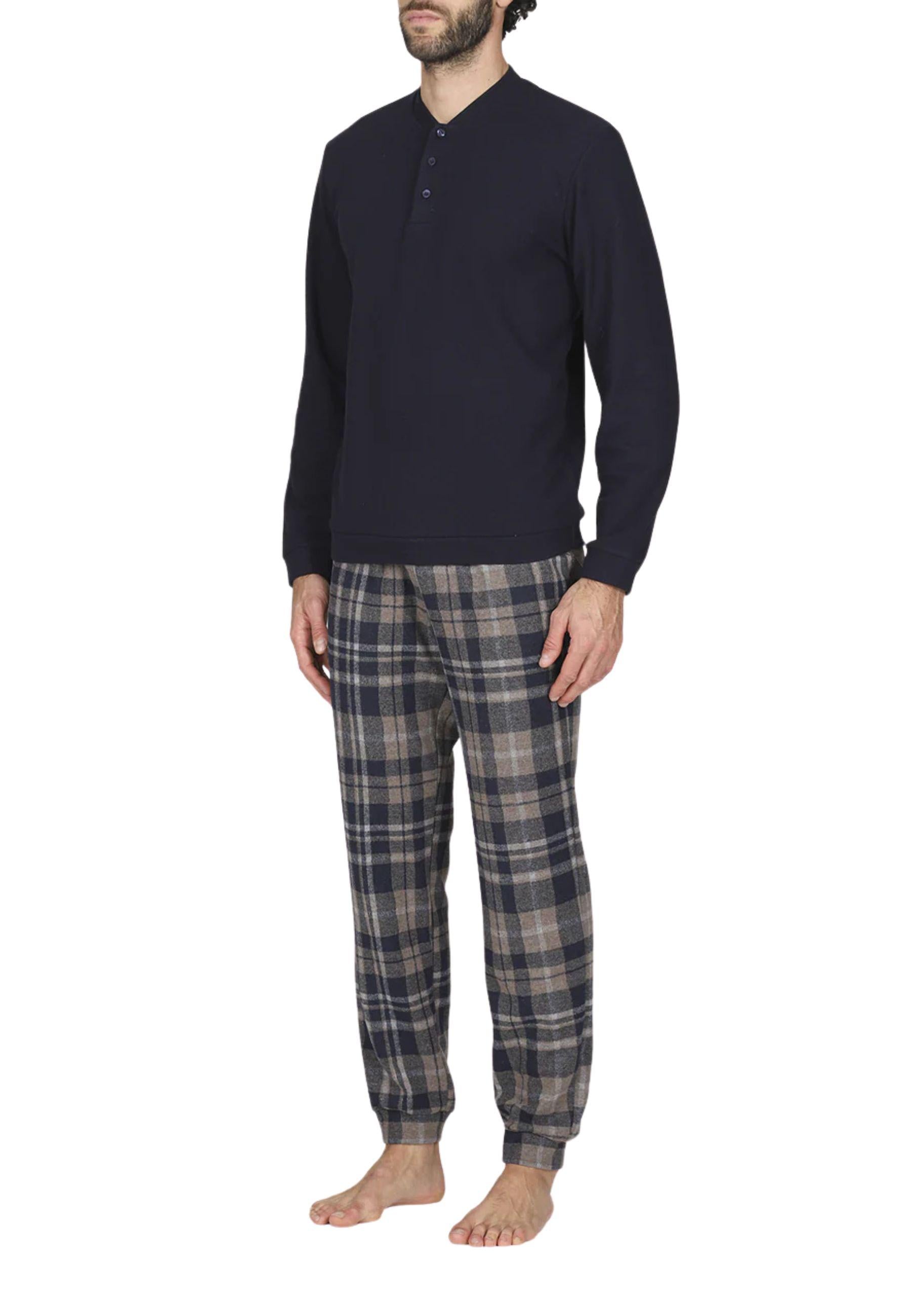 Pigiama serafino tuta, in confortevole jacquard scozzese blu
