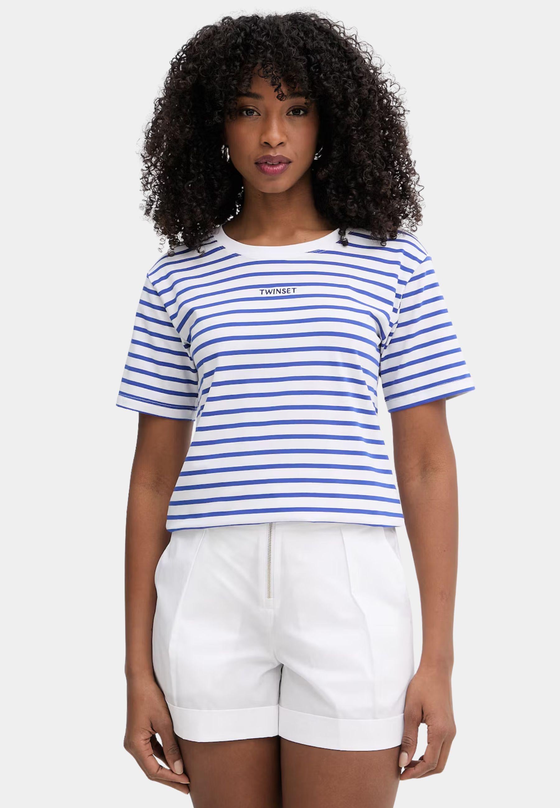 T-shirt Twinset a Righe Blu con Logo Ricamato