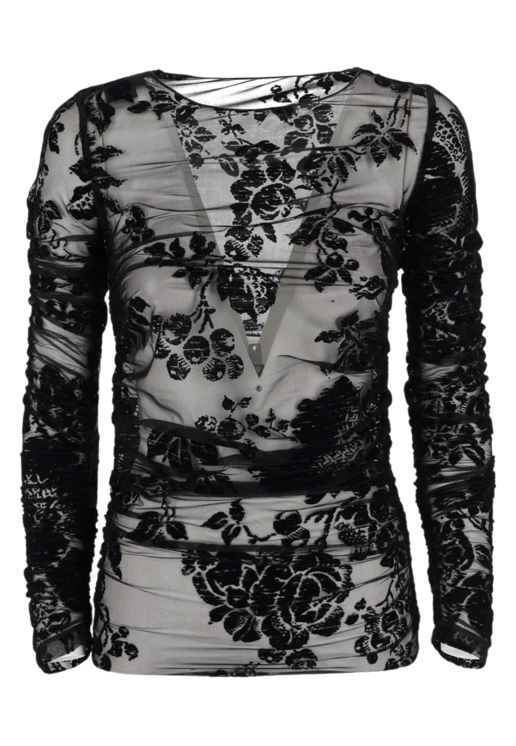 Maglia Trasparente in Tulle con Stampa Flock Floreale