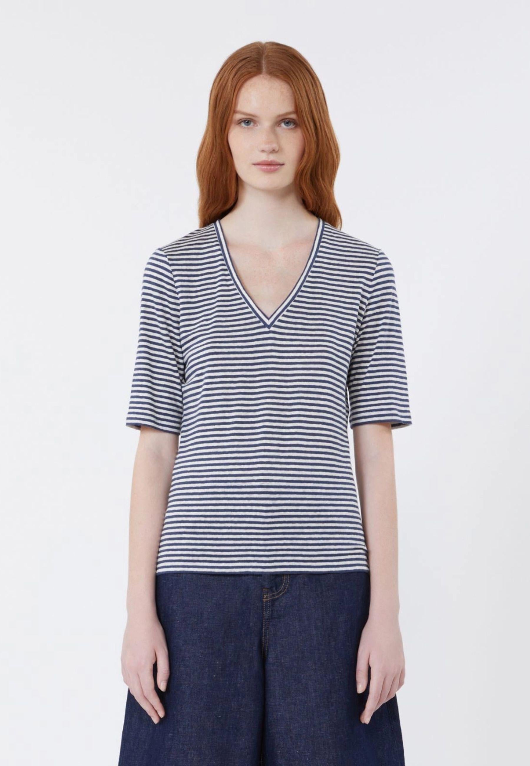 T-shirt a V in jersey di lino stretch - BLU MARINO