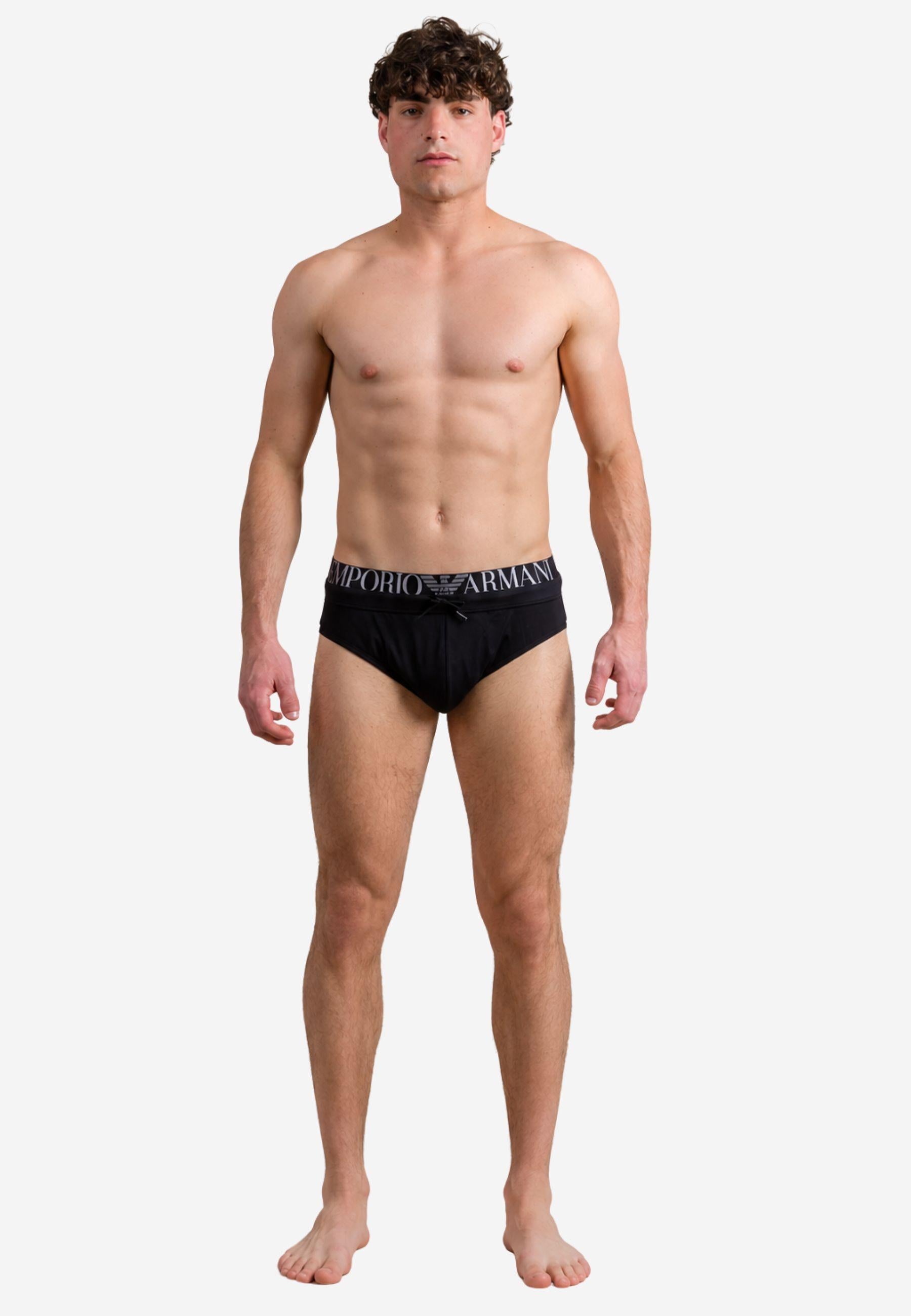 Emporio Armani - Slip mare nero con coulisse e logo jacquard