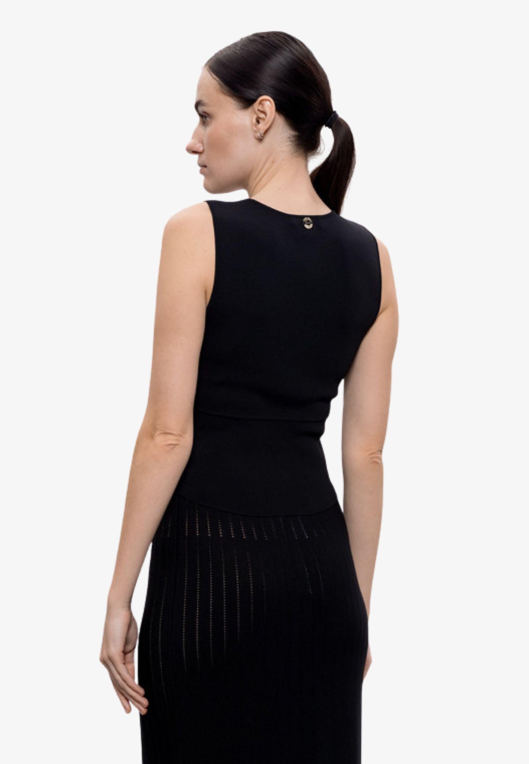 Top in maglia stretch nero con logo Oval T