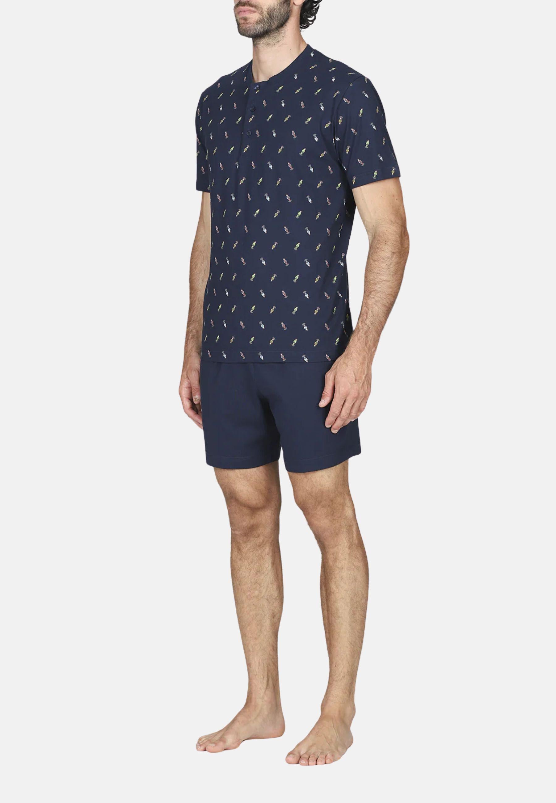 Pigiama Corto Uomo in Cotone Jersey Serafino Fantasia Blu